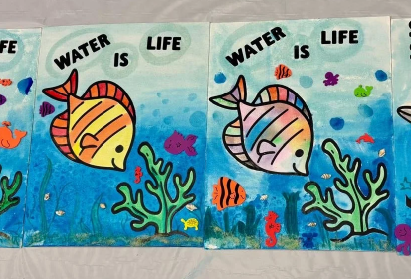 Colorful underwater scene with two illustrations of fish, coral, and various other small fish, along with the text 'Water is Life'.