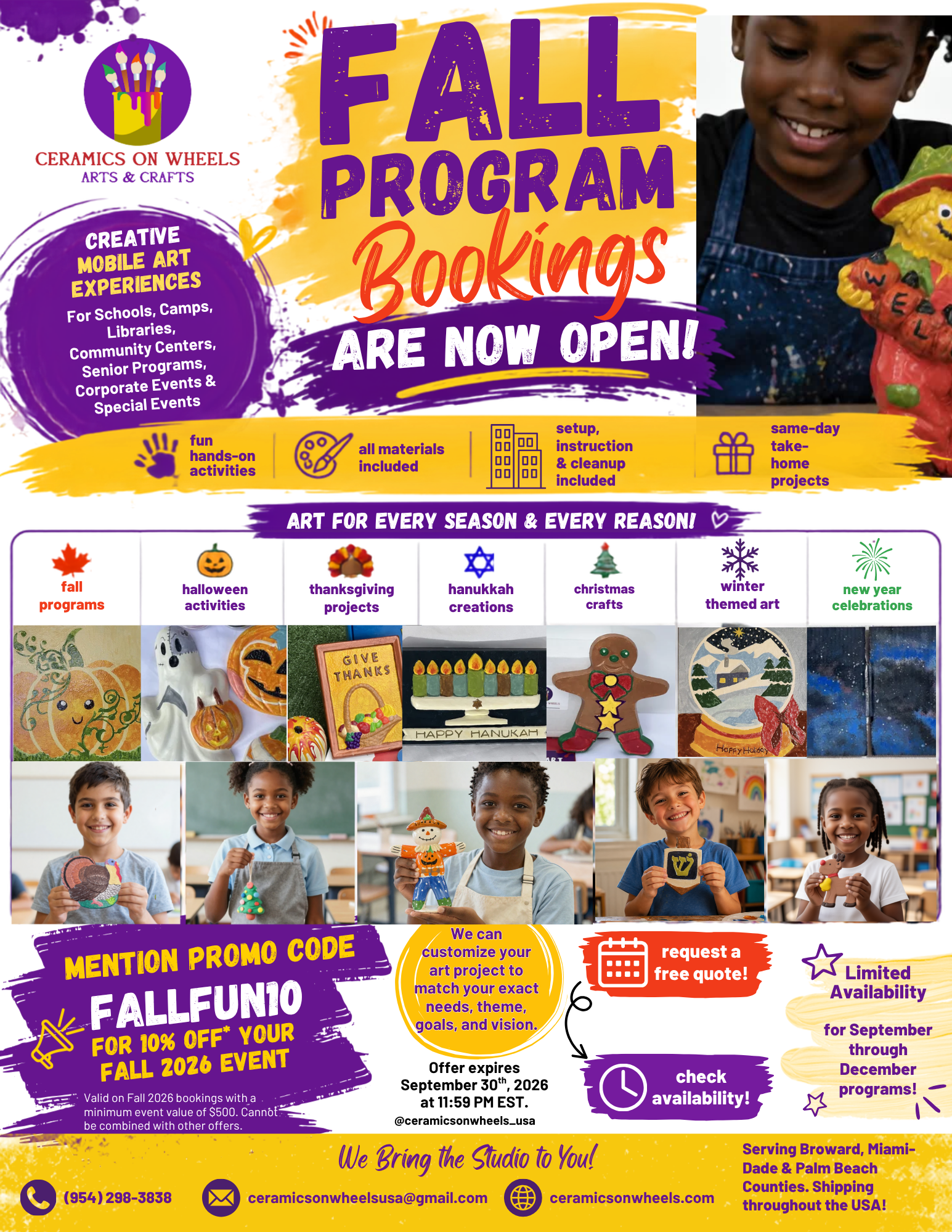 Fall 2026 art program bookings for schools and camps - Ceramics on Wheels mobile art experiences featuring Halloween, Thanksgiving, Hanukkah, and Christmas ceramic projects for children