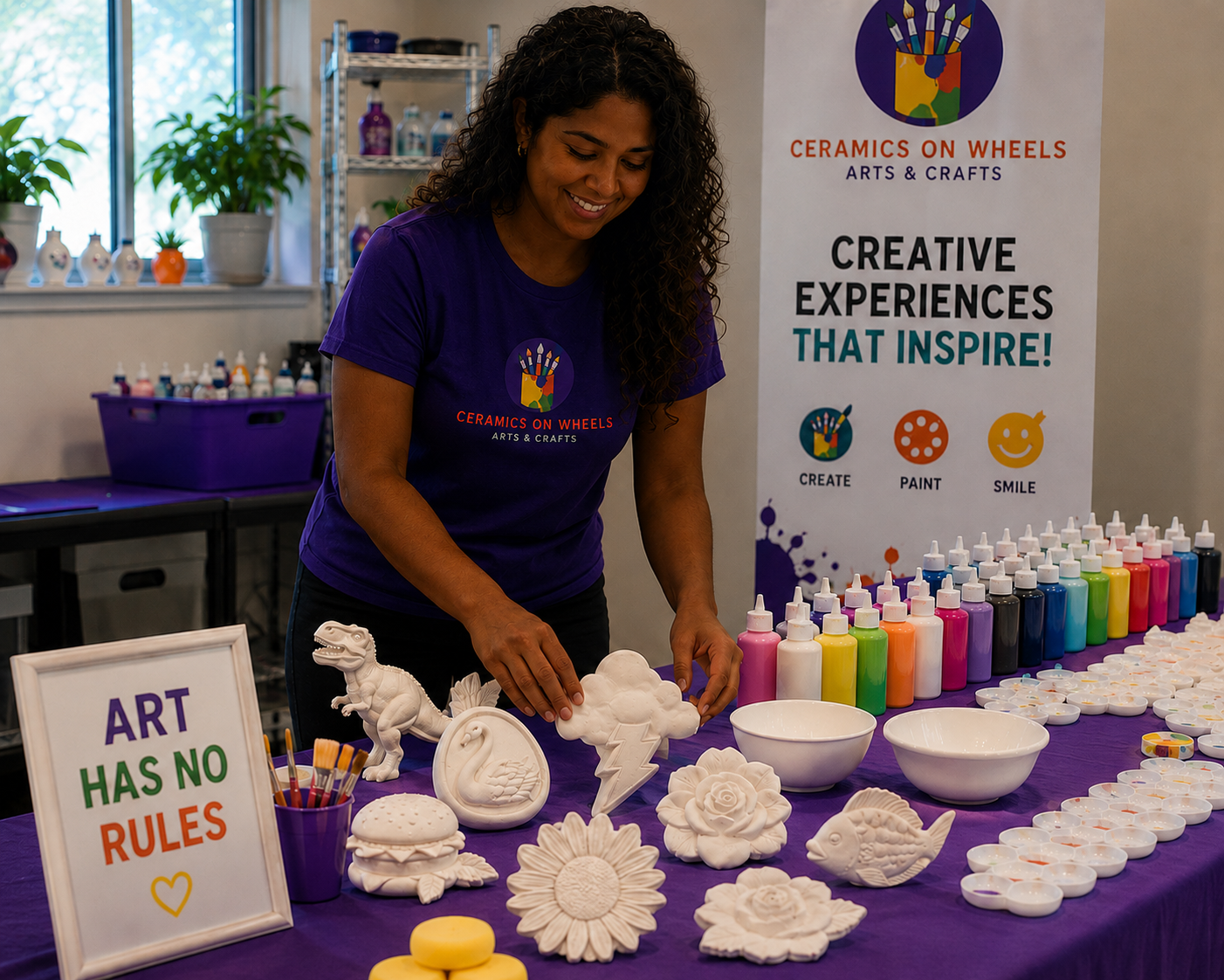 A woman smiling while arranging ceramic dinosaur sculptures and volcano models on a table at an arts and crafts event. The table is covered with a purple tablecloth, and there are numerous bottles of paint, bowls, and painted ceramic pieces. A colorful sign reads "Art Has No Rules," with a smaller poster in the background promoting ceramics arts and crafts with the slogan "Creative Experiences That Inspire!"