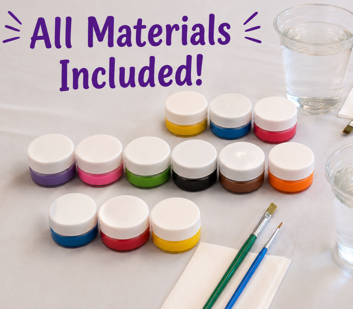 Paint brushes, paint containers, and art supplies provided for a Ceramics on Wheels mobile arts and crafts workshop