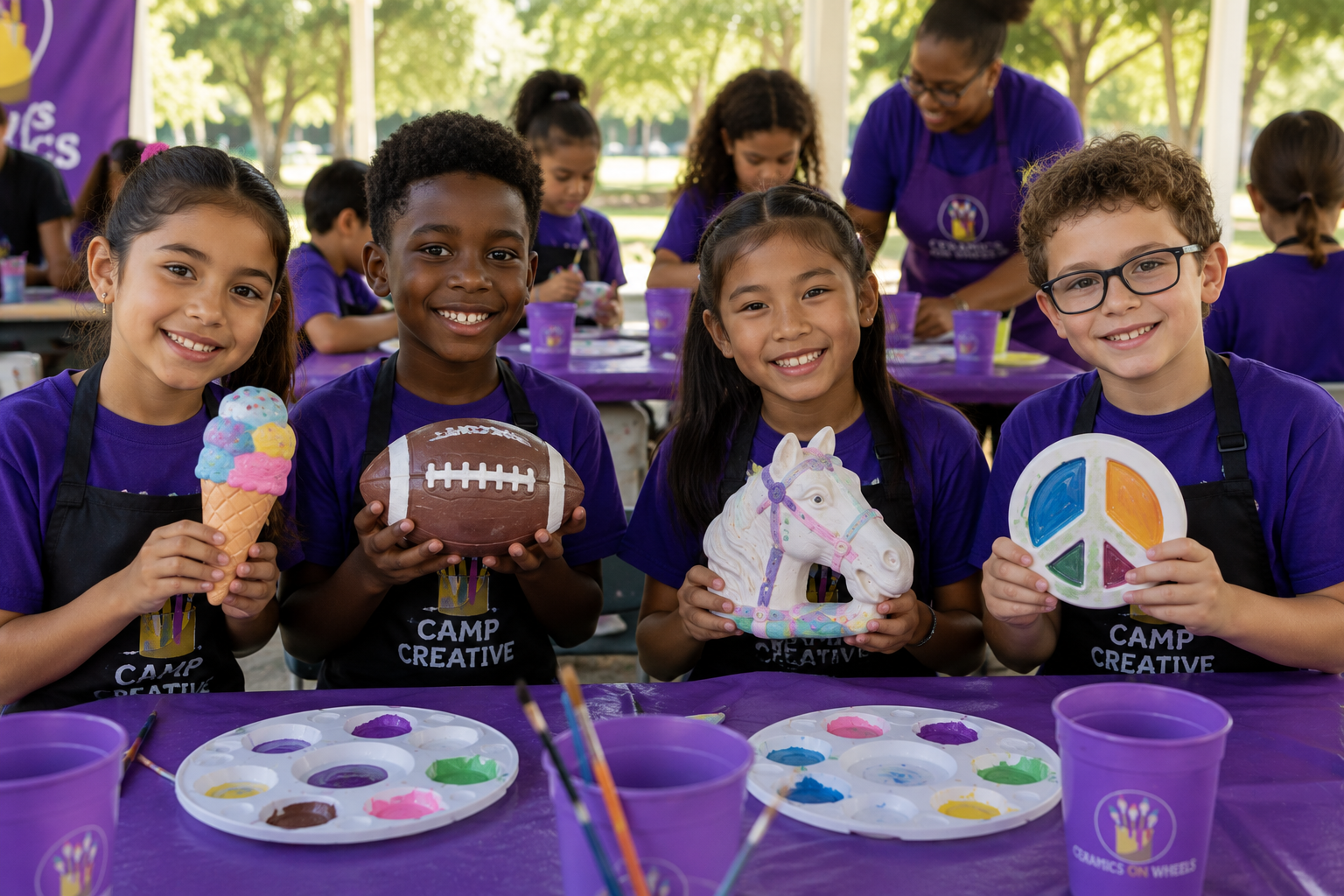 Diverse group of campers displaying painted plaster crafts during an outdoor Ceramics On Wheels camp and recreation art program