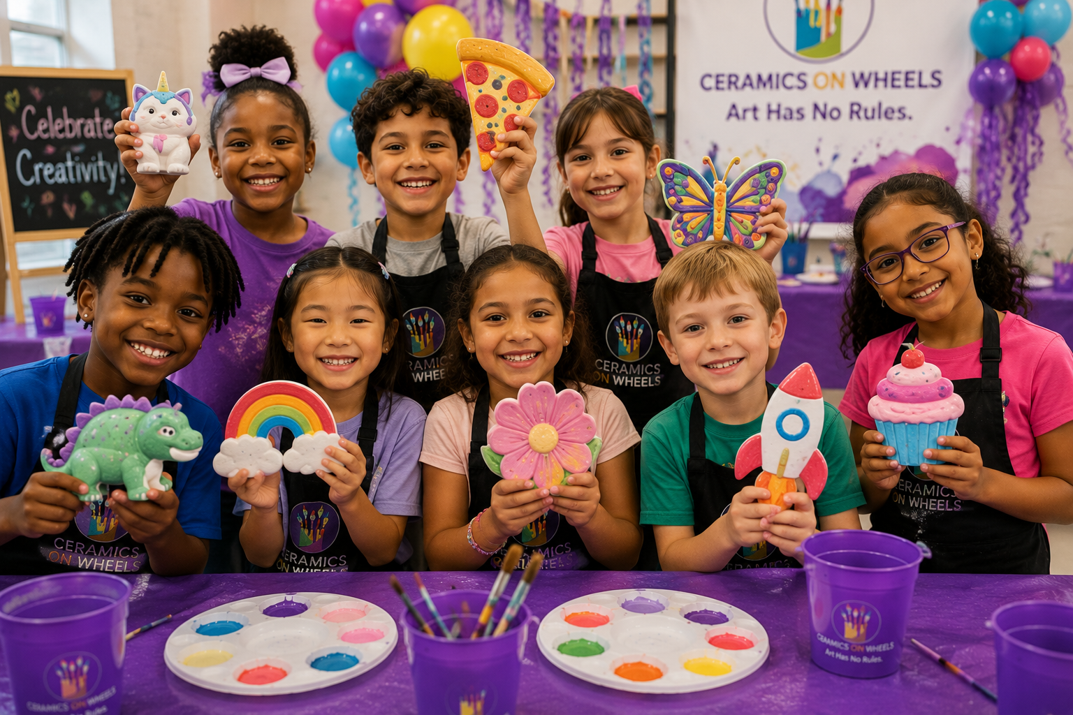 Diverse group of children showing painted plaster crafts at a Ceramics On Wheels mobile art event and kids celebration in South Florida.