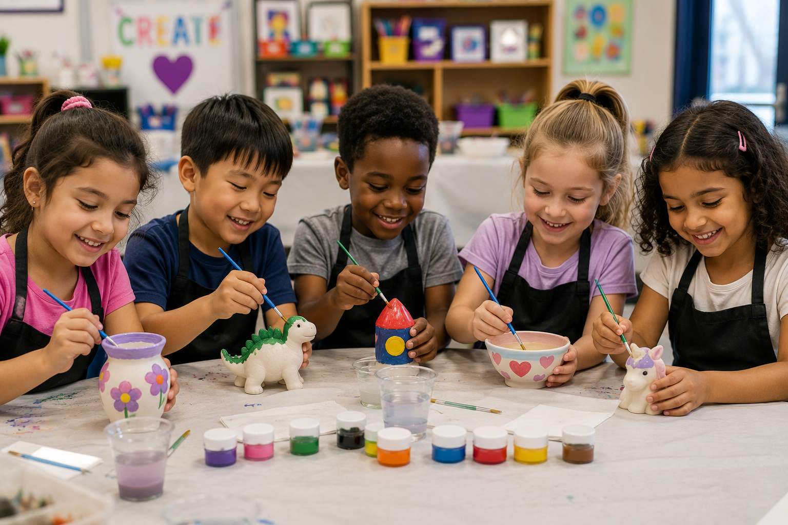 five children with aprons painting ceramic toys and figurines at a table in a classroom or art room.