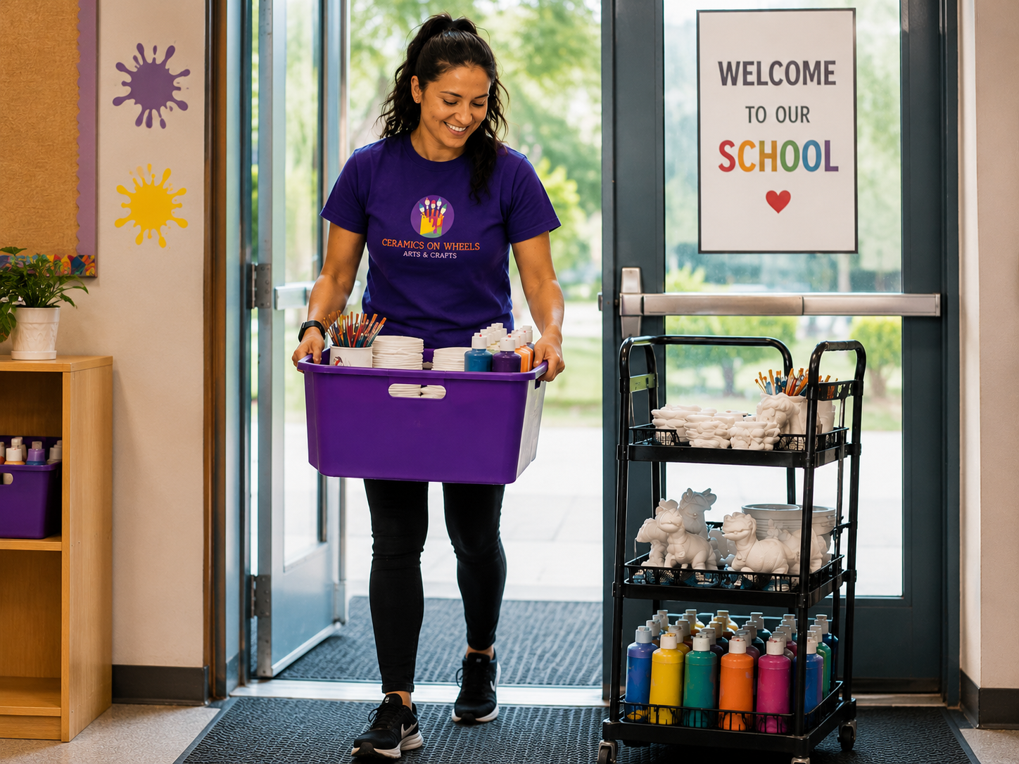 creative art program employee bringing art project into the school