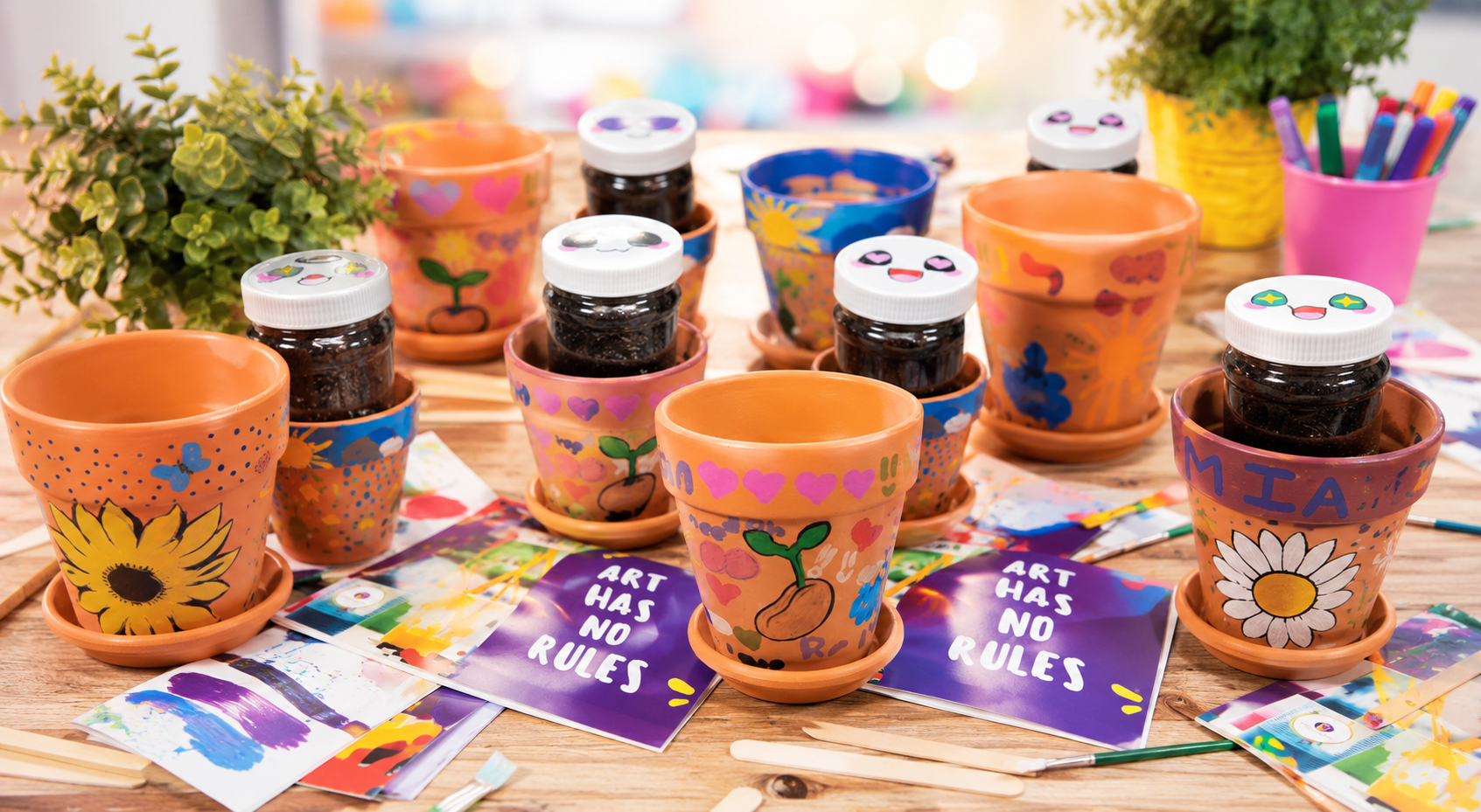 arts and  Craft workshop with colorful painted pots