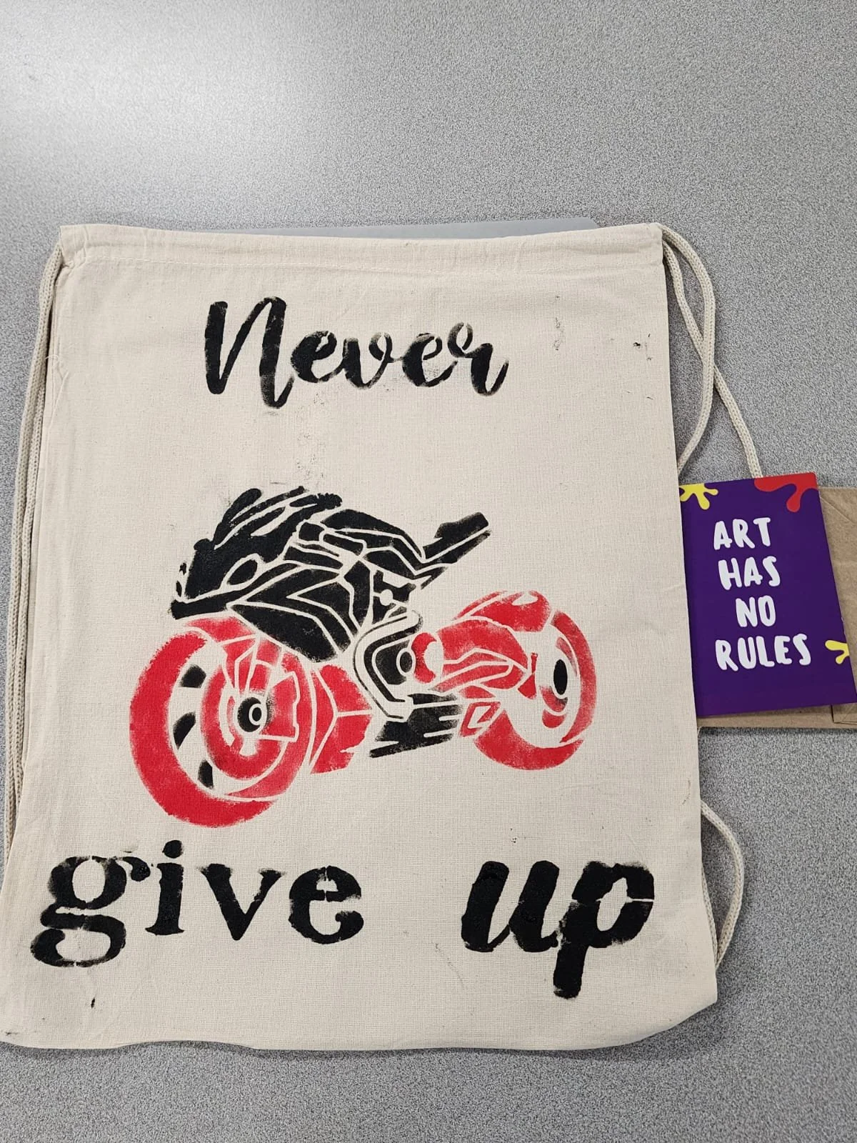 never give up red and black motorcycle tote bag art.jpg