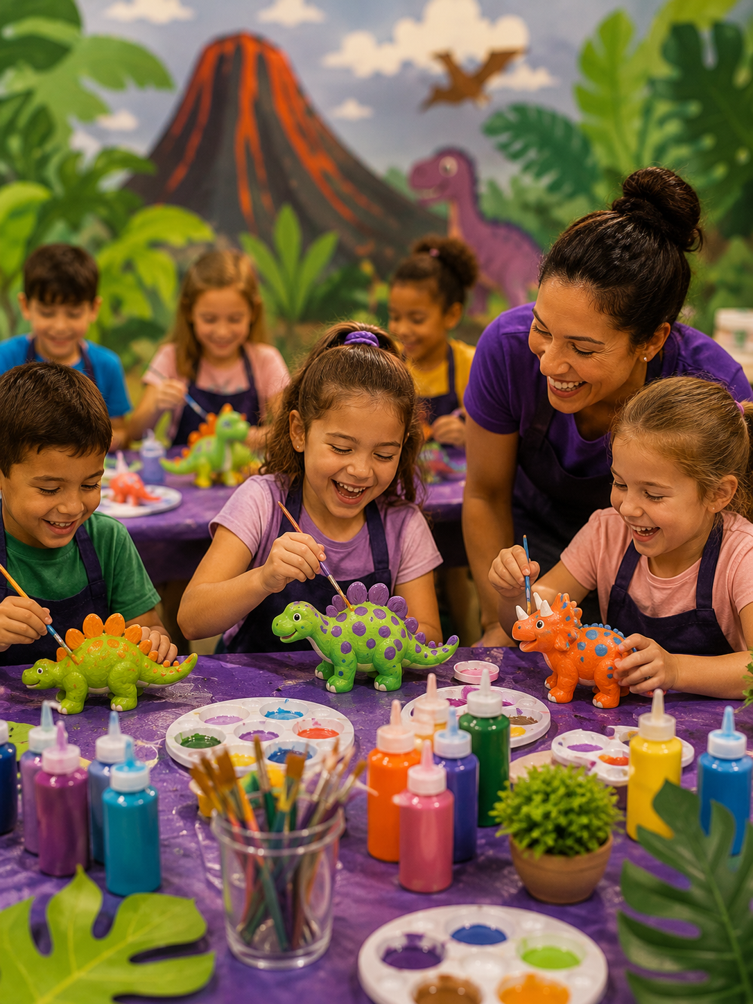 Ceramics On Wheels mobile art program instructor helping children paint plaster crafts during a hands-on library and community group activity in South Florida.