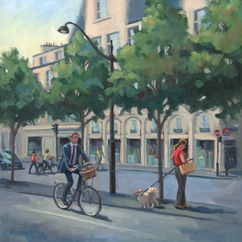 Paris street with man, woman, bicycle, and dog. | Morning Commute, oil, 30x30", © Linda Hugues