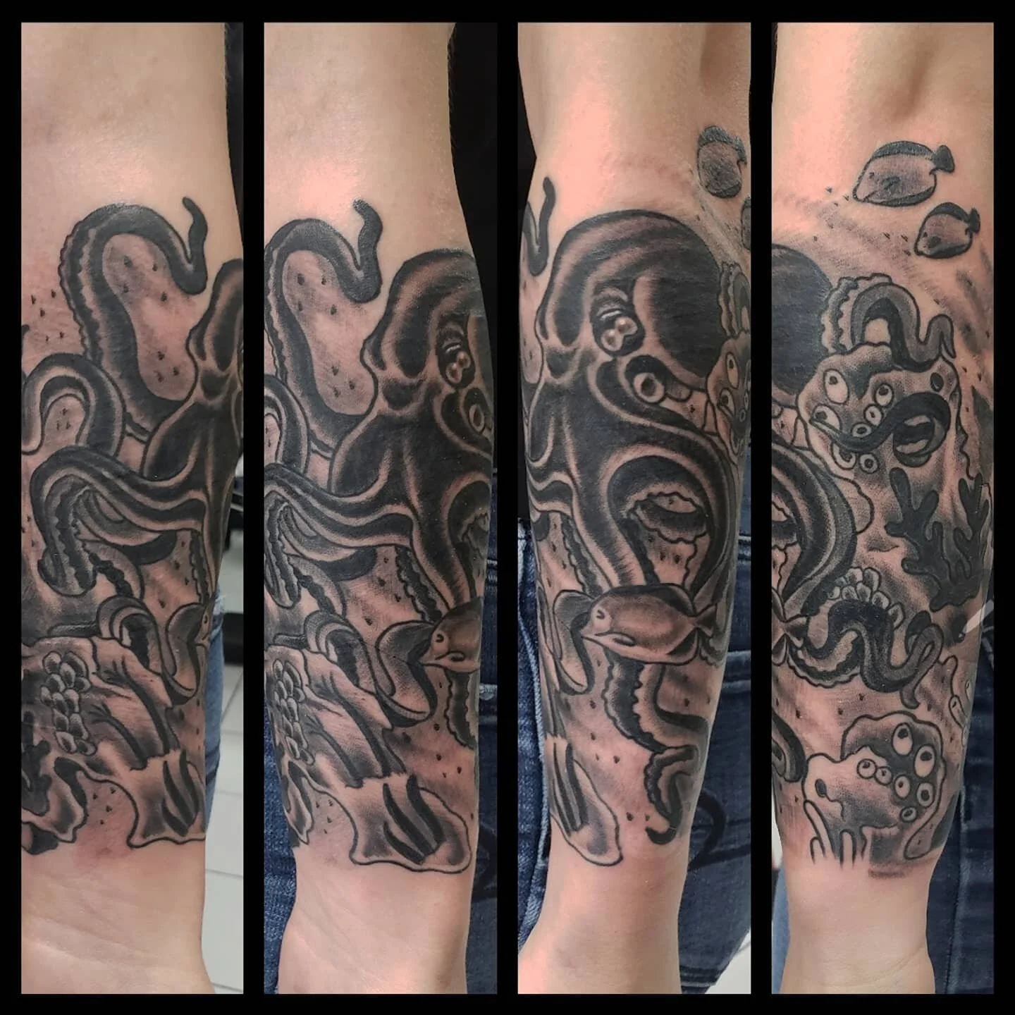 Some fresh some healed #octopustattoo #underwatertattoo #oceantattoo #blackandgreytattoo #traditionaltattoo #homewardboundtattoo