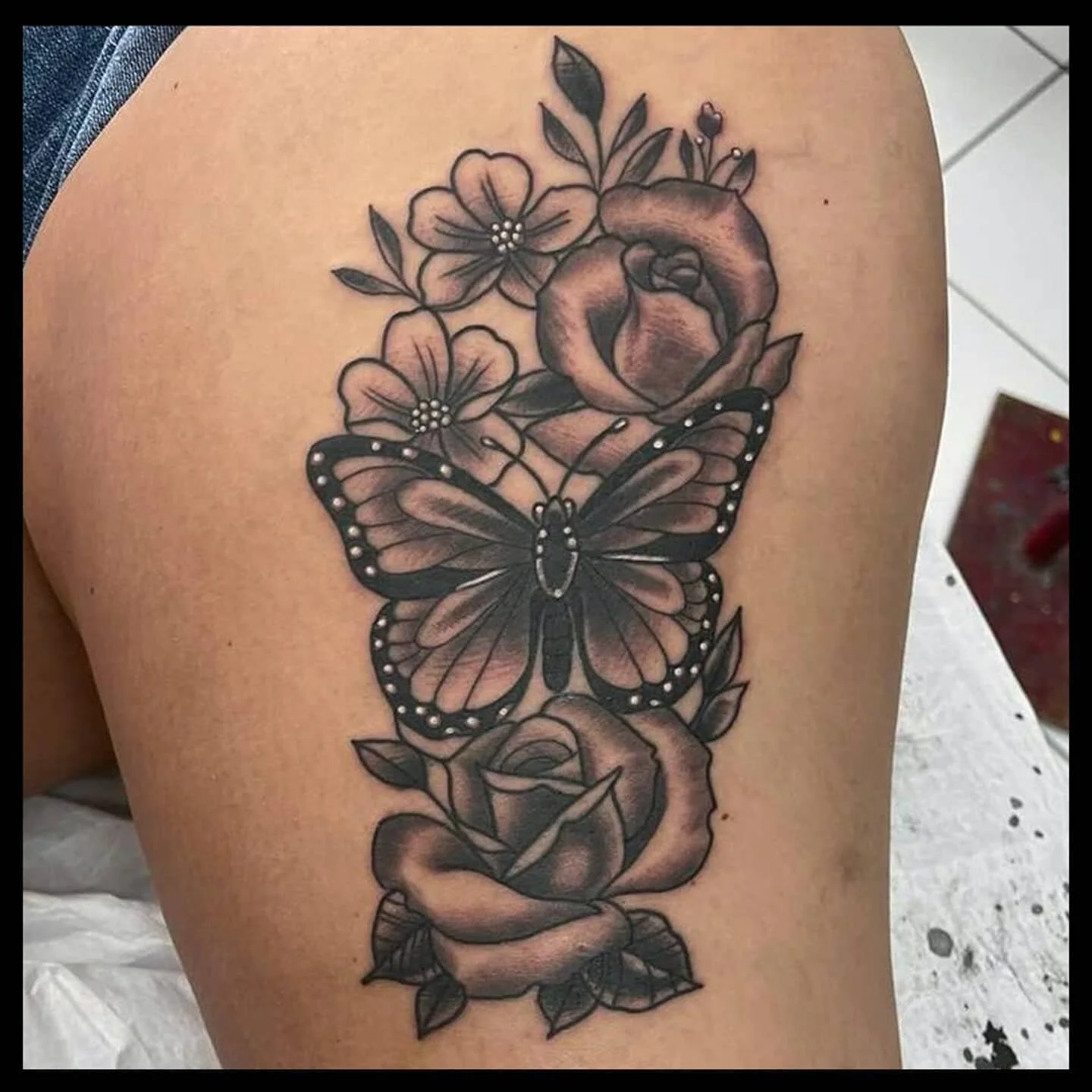 #floraltattoo #butterflytattoo #rosetattoos #blackandgreytattoo #tattoos #tattooing #homewardboundtattoo #tattoospaceco