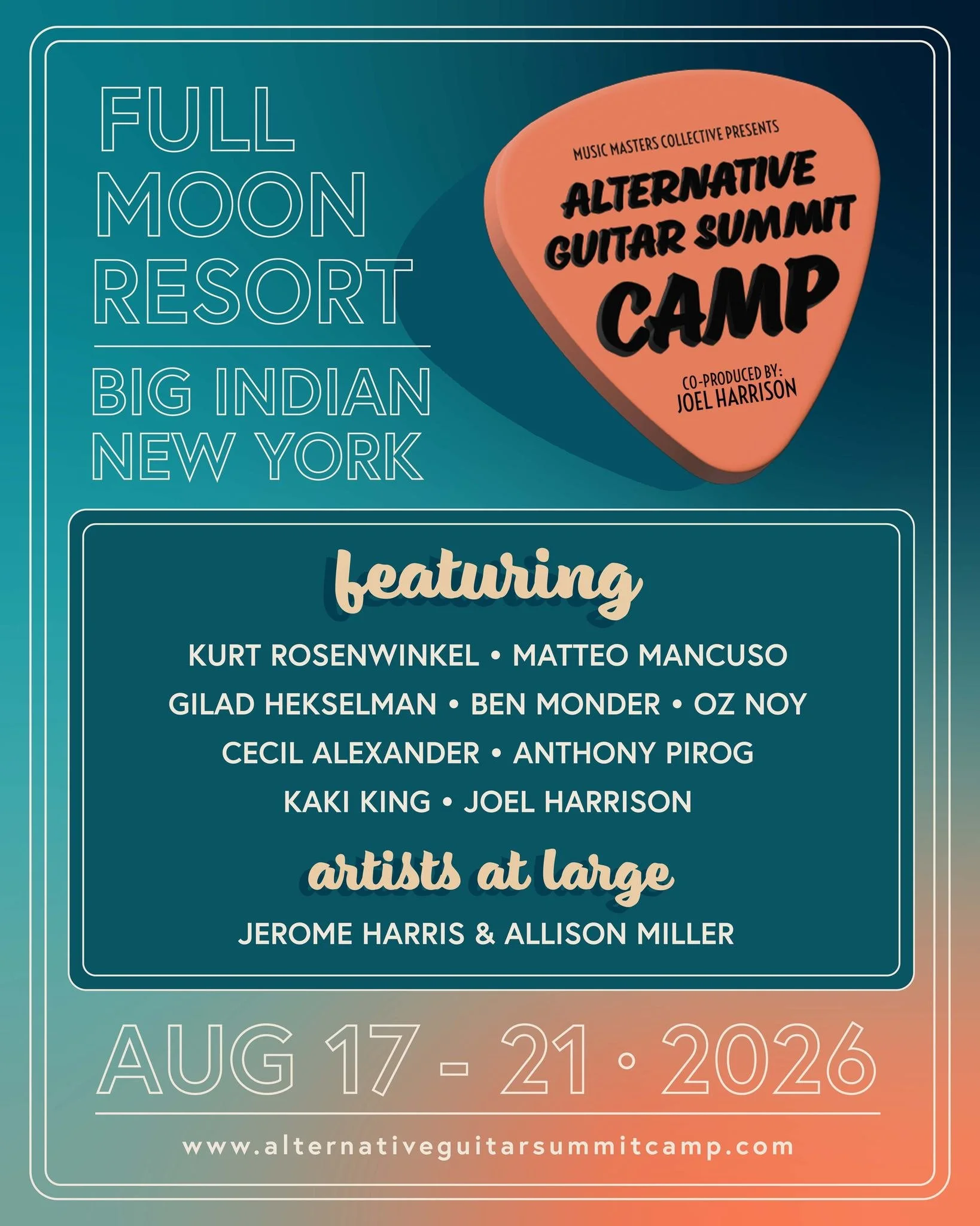 🎸 Get ready for Year 9 of the Alternative Guitar Summit Camp!

🚀 Join us this August for a week of innovation, jam sessions, masterclasses, and exclusive performances. This is the ultimate destination for guitarists to come together, create, and le