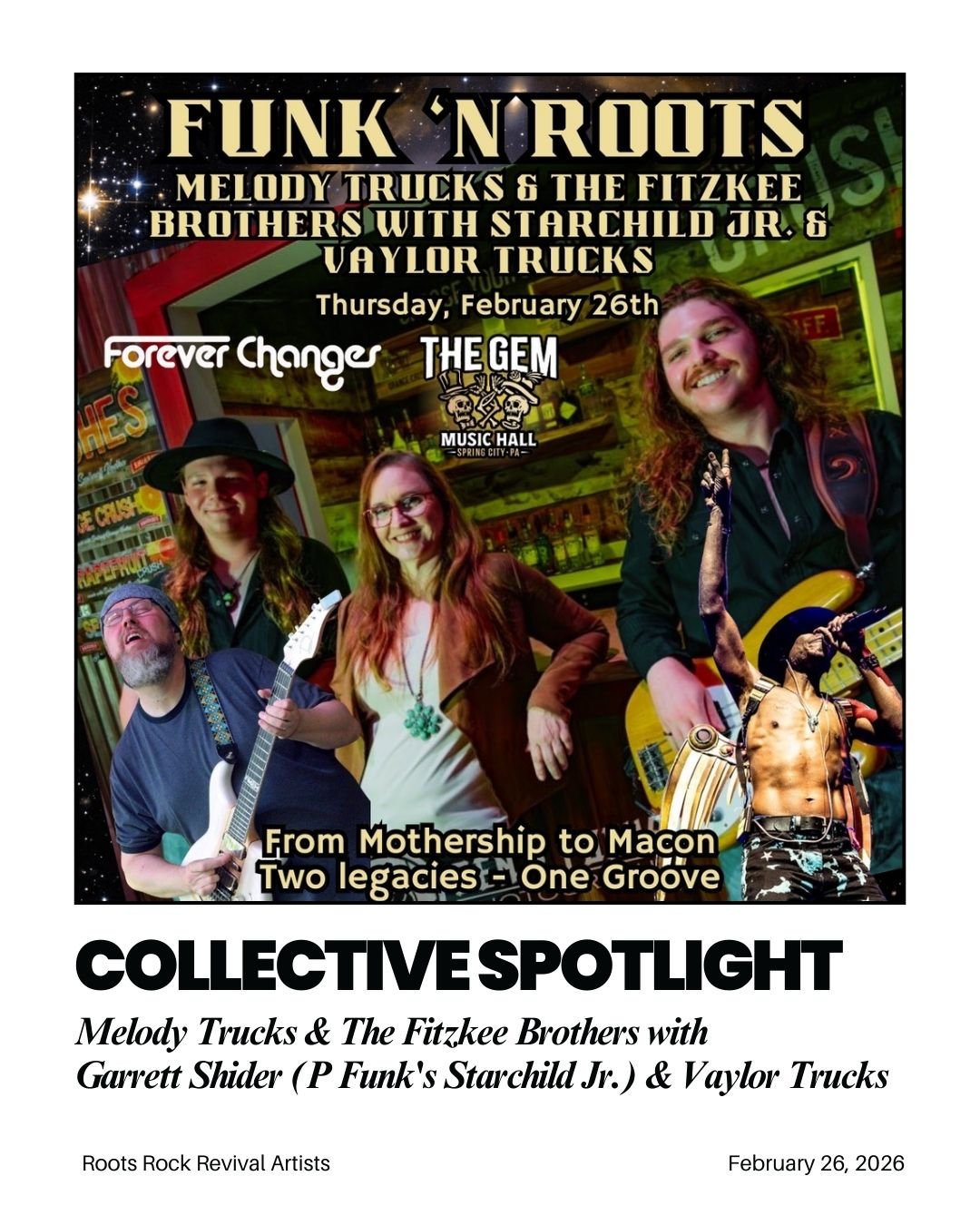 Two legacies. One groove. One unforgettable night.
From Mothership funk to roots-rock fire, this lineup brings generations of groove together. We&rsquo;re proud to work with these powerhouse artists through Roots Rock Revival, where legacy meets the 