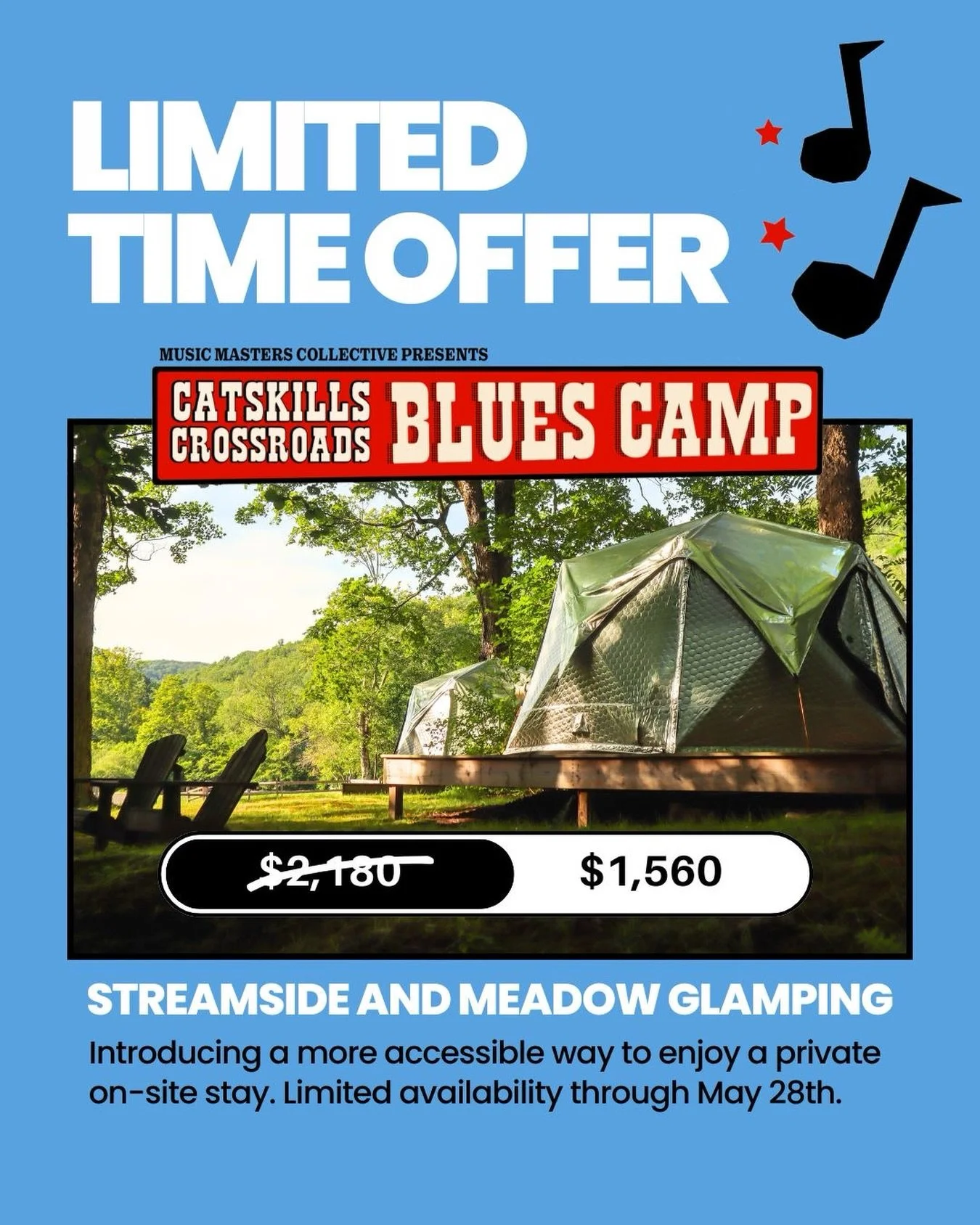 Looking for a more accessible way to attend Catskills Crossroads Blues Camp? Enjoy a Glamping Package for $1,560 &mdash; available through May 28th!

This package includes 
✨Weather Proof Tent on Raised Platform
✨Air Conditioning &amp; Electrical Out