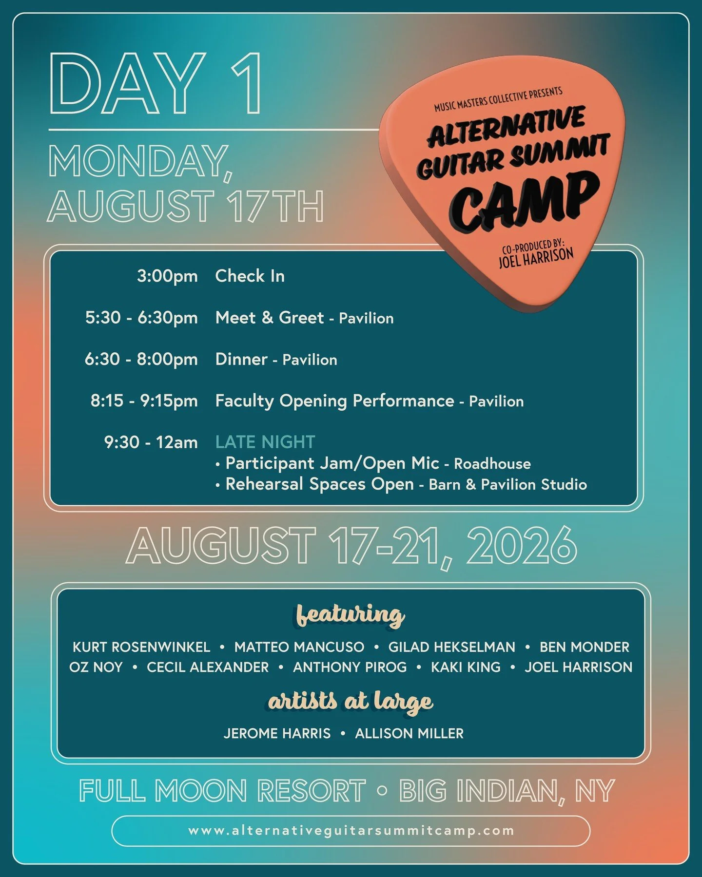 The Alternative Guitar Summit Camp daily schedule is out🎸It&rsquo;ll be a week to remember and you won&rsquo;t want to miss it!⁠
⁠
Spend your days packed with classes &amp; collaboration and your evenings filled with watching life changing performan