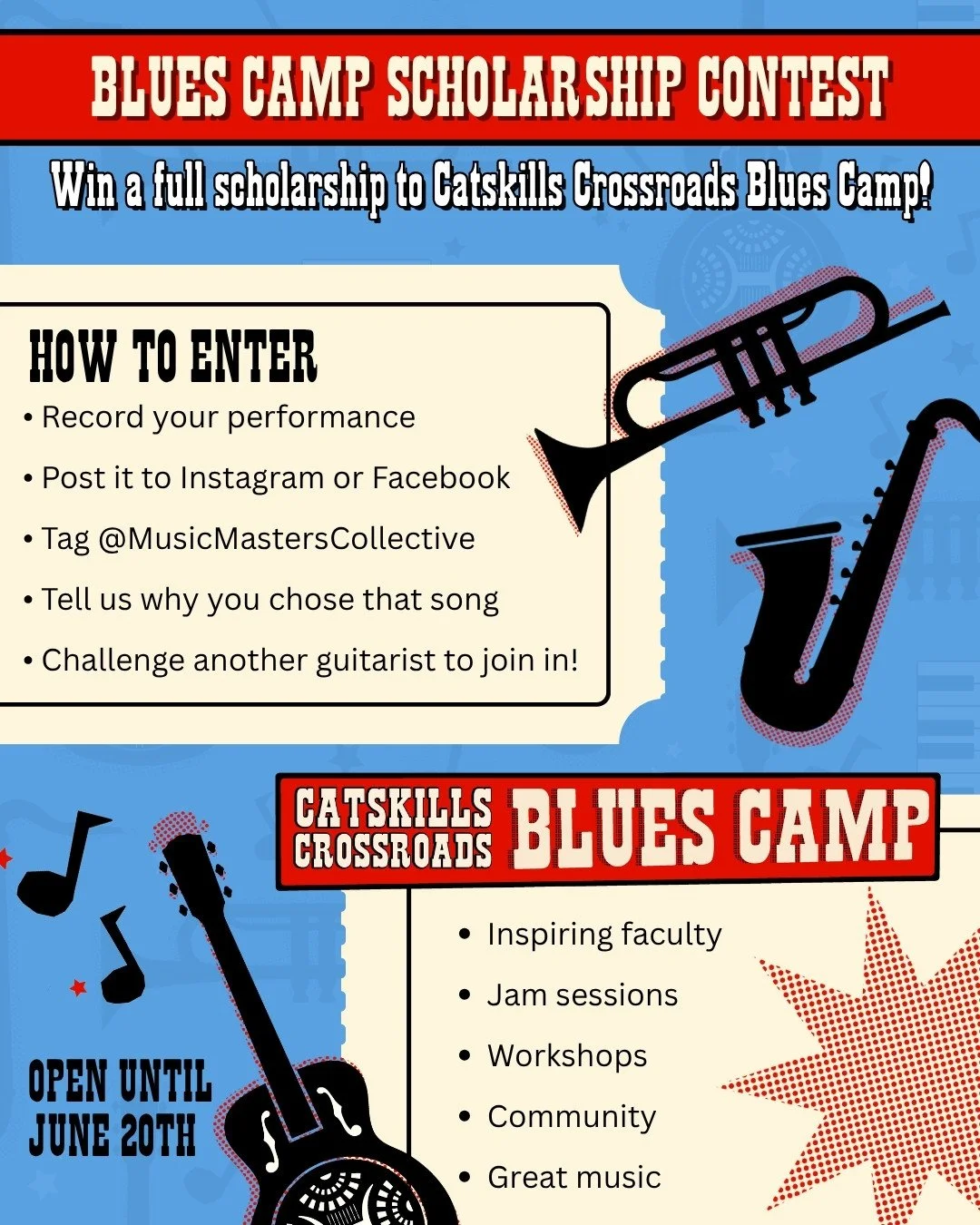 Catskills Crossroads Blues Camp and Music Masters Collective invite blues guitarists everywhere to enter The Blues Challenge! ⁠
⁠
Record yourself playing your favorite blues song and share it with the world. Show us the music that moves you🎶⁠
⁠
🎟️ 