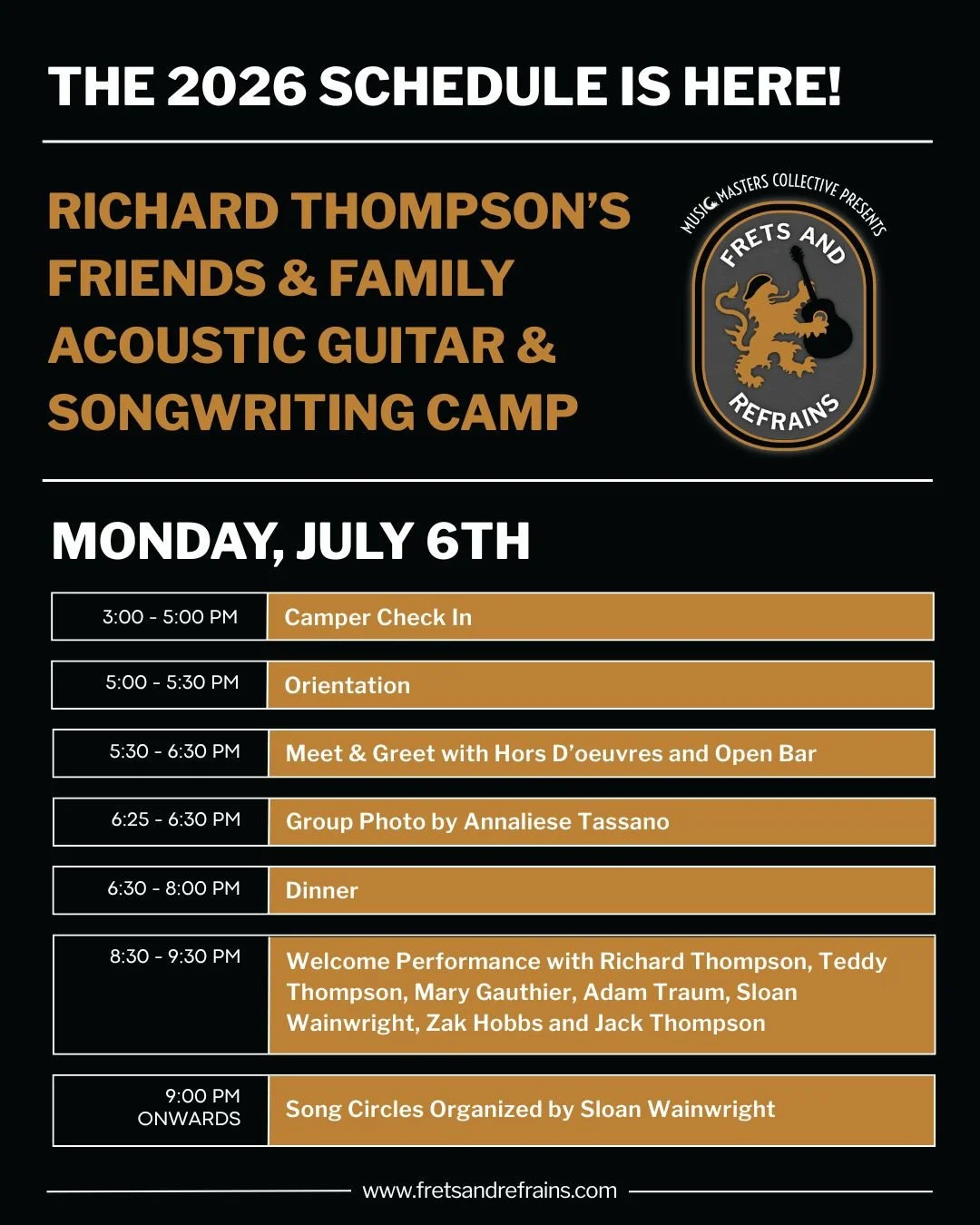 We&rsquo;re less than a month away from Frets &amp; Refrains 2026 and the daily schedule is now live! ⁠
⁠
Join us for a week of ⁠
▪️Songwriting Workshops⁠
▪️Master Classes⁠
▪️Jam Sessions &amp; Open Mics⁠
▪️Live Performances &amp; More!⁠
⁠
We can't w