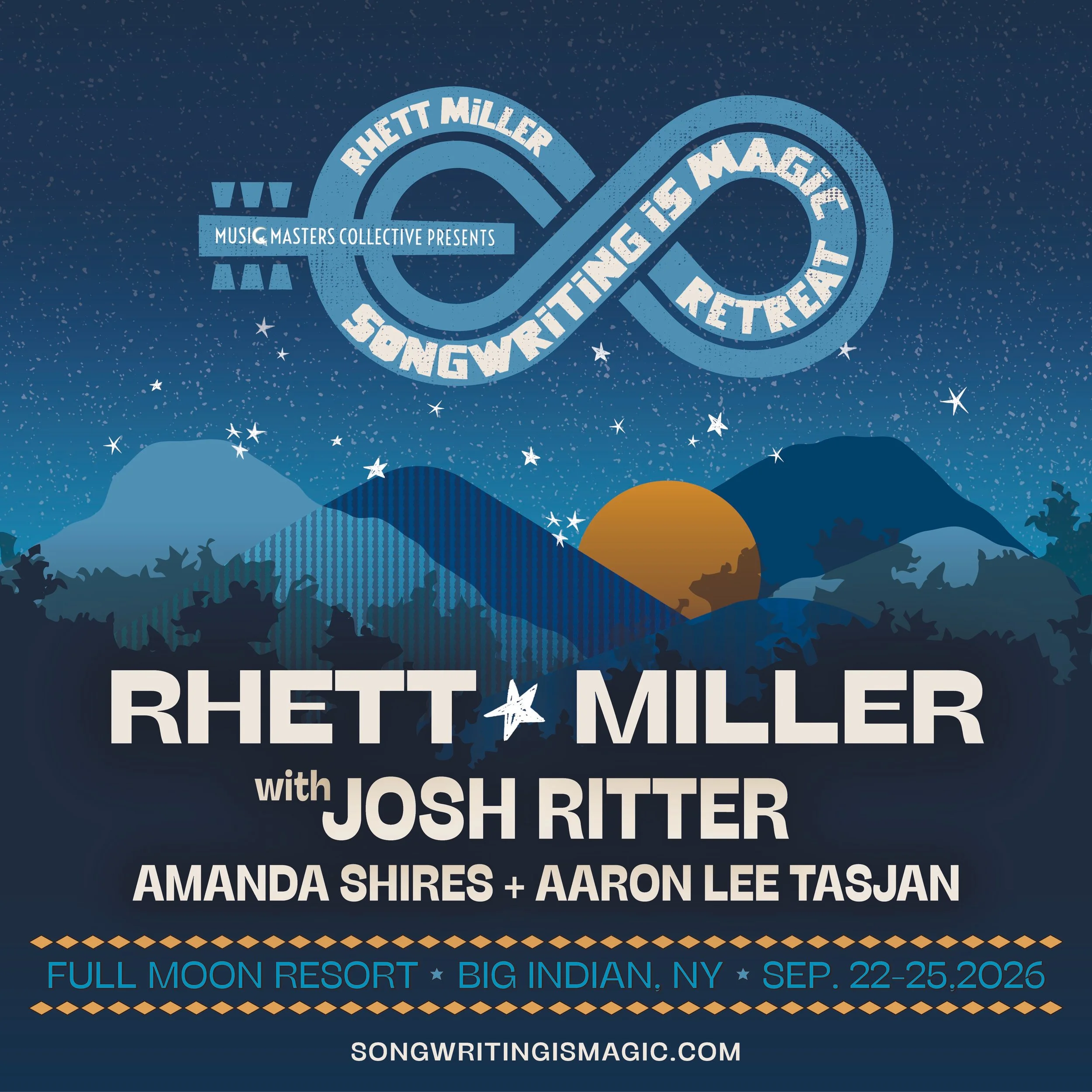 Rhett Miller Songwritingis Magic Retreat. With Rhett Miller, Josh Ritter, Amanda Shires, and Aaron Lee Tasman. This September 22-25, 2026, Full Moon Resort Big Indian NY