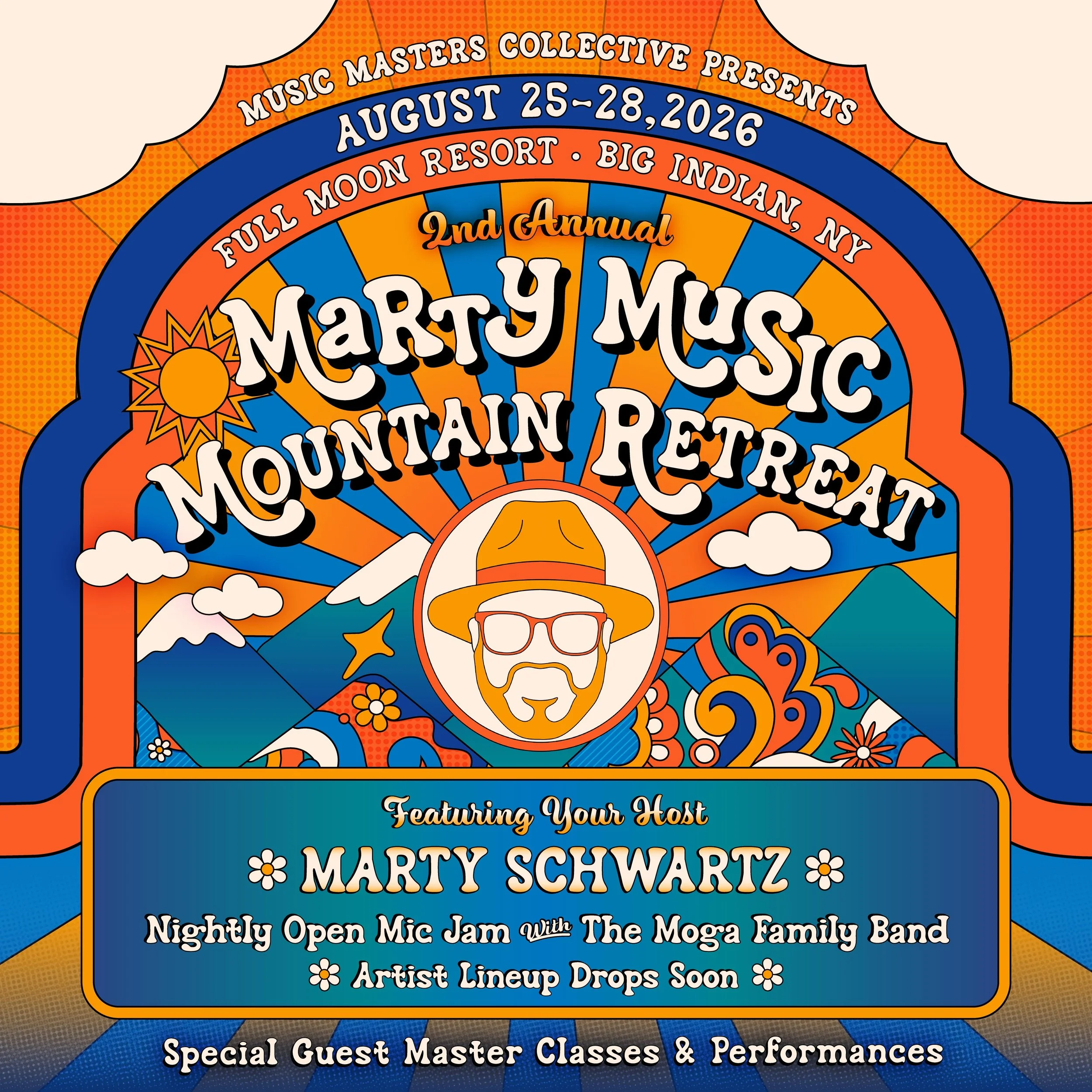 Marty Music Mountain Retreat, August 25-28,2026, Featuring your host, Marty Schwartz. Nightly open mic jam with The Moga Family Band.