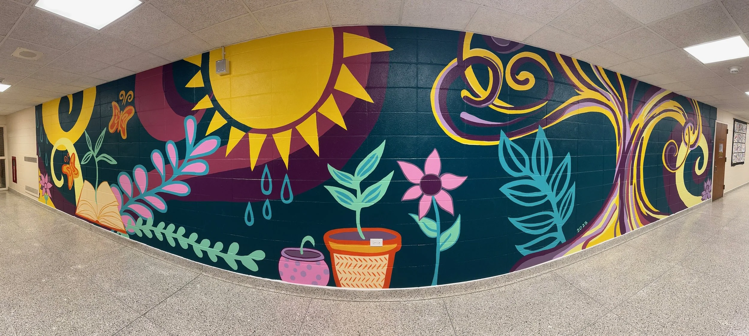 Hampton Bays High School: a celebration of growth in the life skills hallway. This collaborative installation was the result of a values exercise with high school artists.