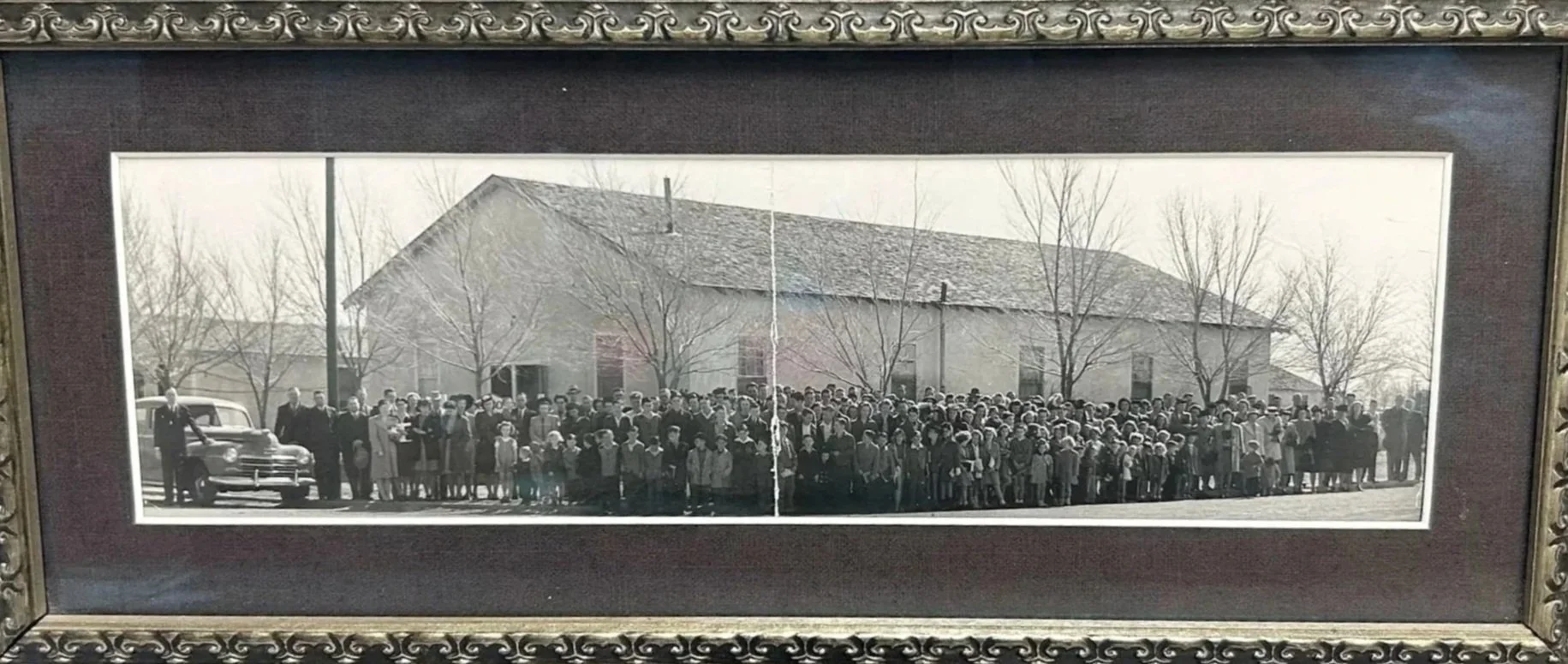Black and white vintage photograph of a large group of people standing outdoors in front of a building with leafless trees, possibly from the mid-20th century.