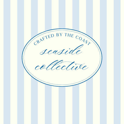 Seaside Collective logo on a light blue and white striped background with text 'Crafted by the coast'.