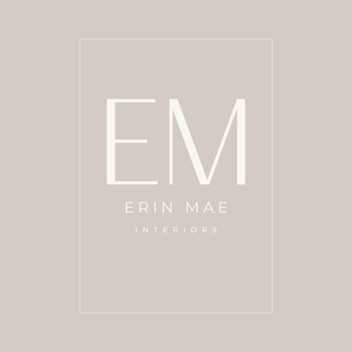 Logo with large letters 'EM' and smaller text 'ERIN MAE INTERIORS' on a beige background.