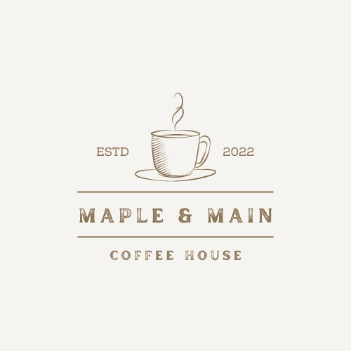 Logo for Maple & Main Coffee House featuring a steaming coffee cup and saucer with text "ESTD 2022" and "Coffee House".