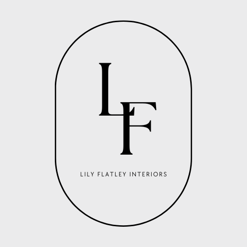 Logo with large initials 'L' and 'F' and the text 'Lily Flatley Interiors' underneath, all enclosed in an oval shape on a gray background.