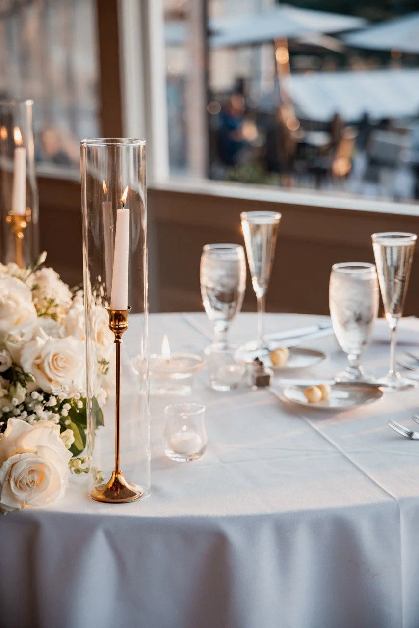 Elegant table set for a celebration with white flowers, tall candles, and glassware in a softly lit setting near a window.