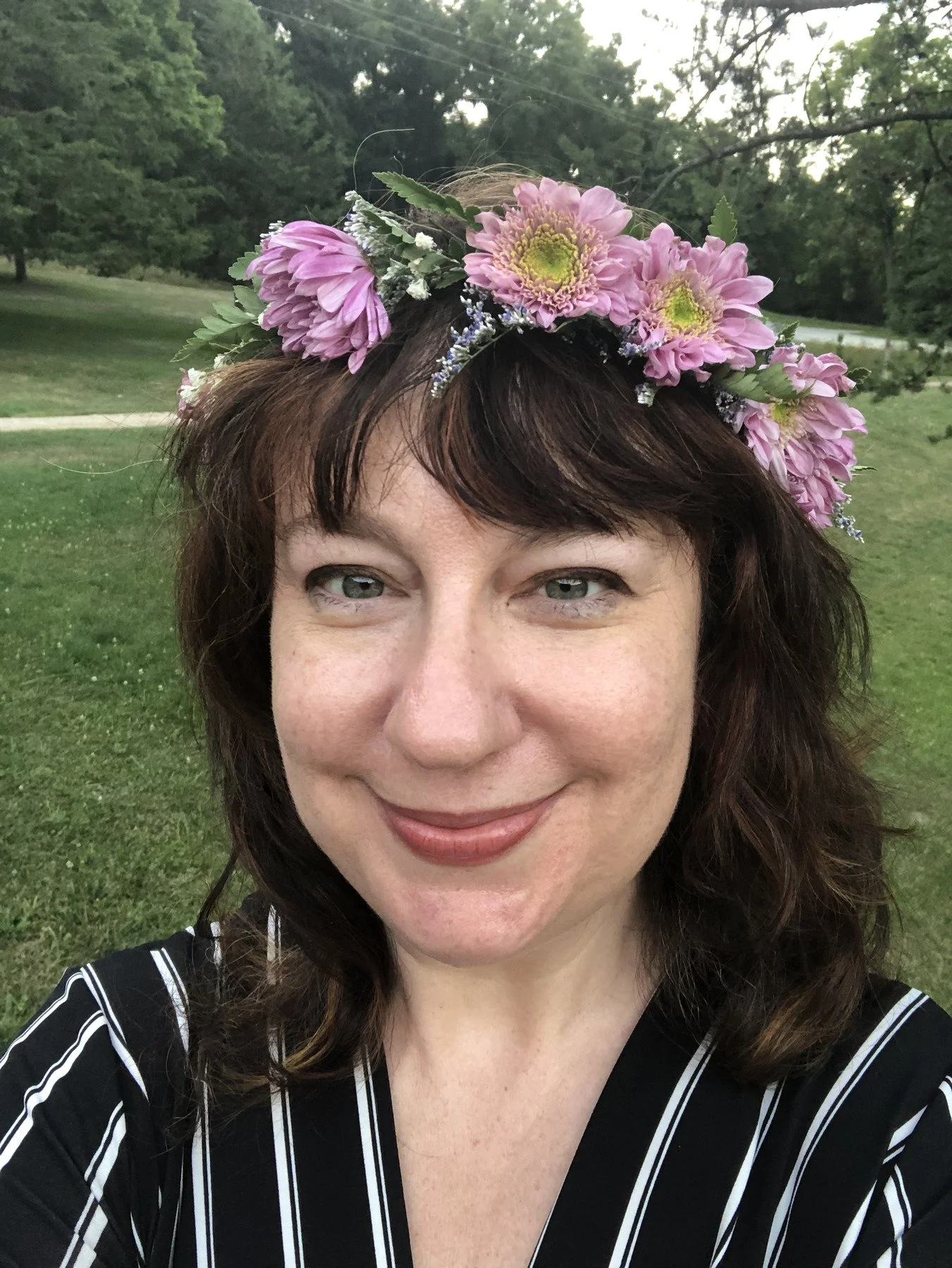 Rachel Gabriel wearing a crown of flowers