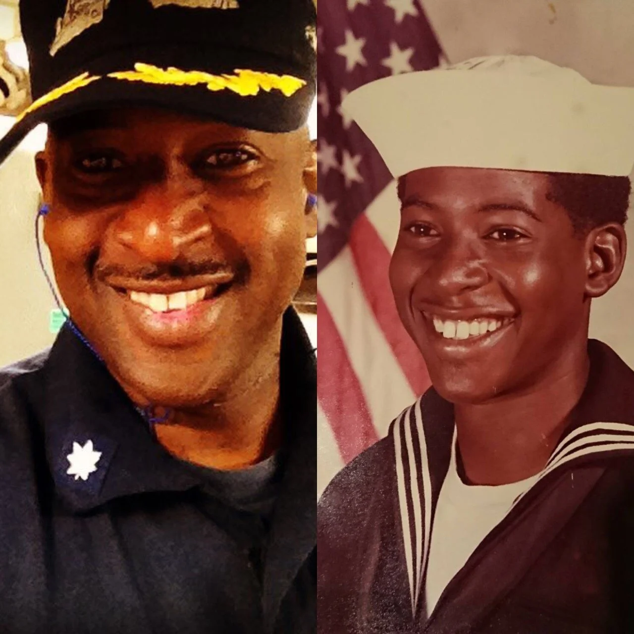 Side-by-side photos of two smiling African American males, one in a military uniform and the other in a sailor uniform, with an American flag in the background.
