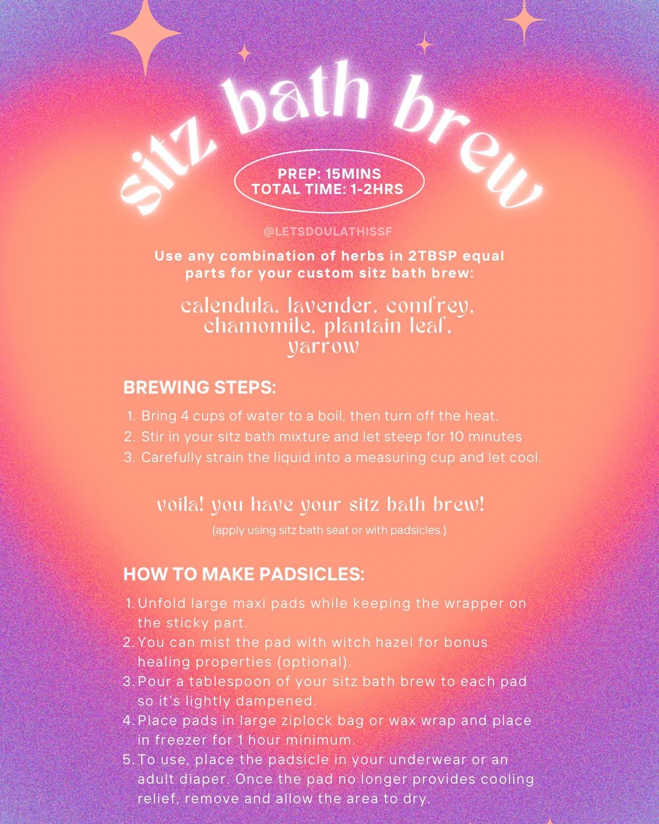 ✨Let&rsquo;s talk sitz baths! ✨

What are they? How do they work? Can I make my own? A sitz bath is a combination of soothing herbs made into a bath soak or tea like brew which is used to speed the healing of the perineum after childbirth. They are e