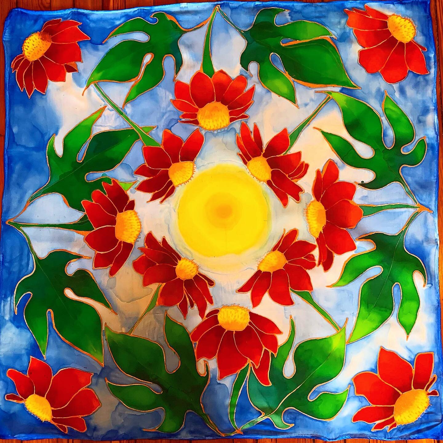 Tithonias (a Mexican sunflower) arcing toward the sun. Enjoyed painting warm sunny flowers on some of these grey days. May the Tithonias teach us to always choose light over darkness, spiraling up to the sun! ✨🌞🌻🌞✨

#silkpaintersofinstagram #silkp