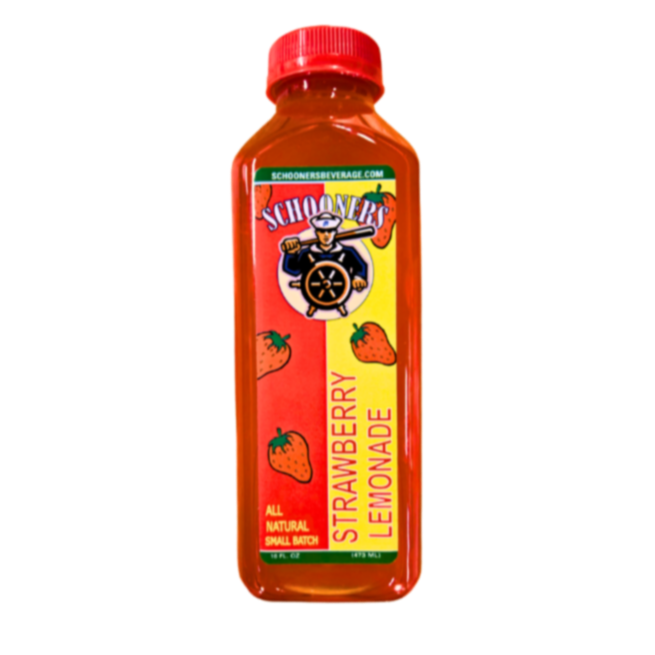 Schooners Beverage Strawberry Lemonade, an All-Natural Strawberry Lemonade with 10% juice and less than 10 ingredients. Enjoy the taste of the sweet summer days without the guilt