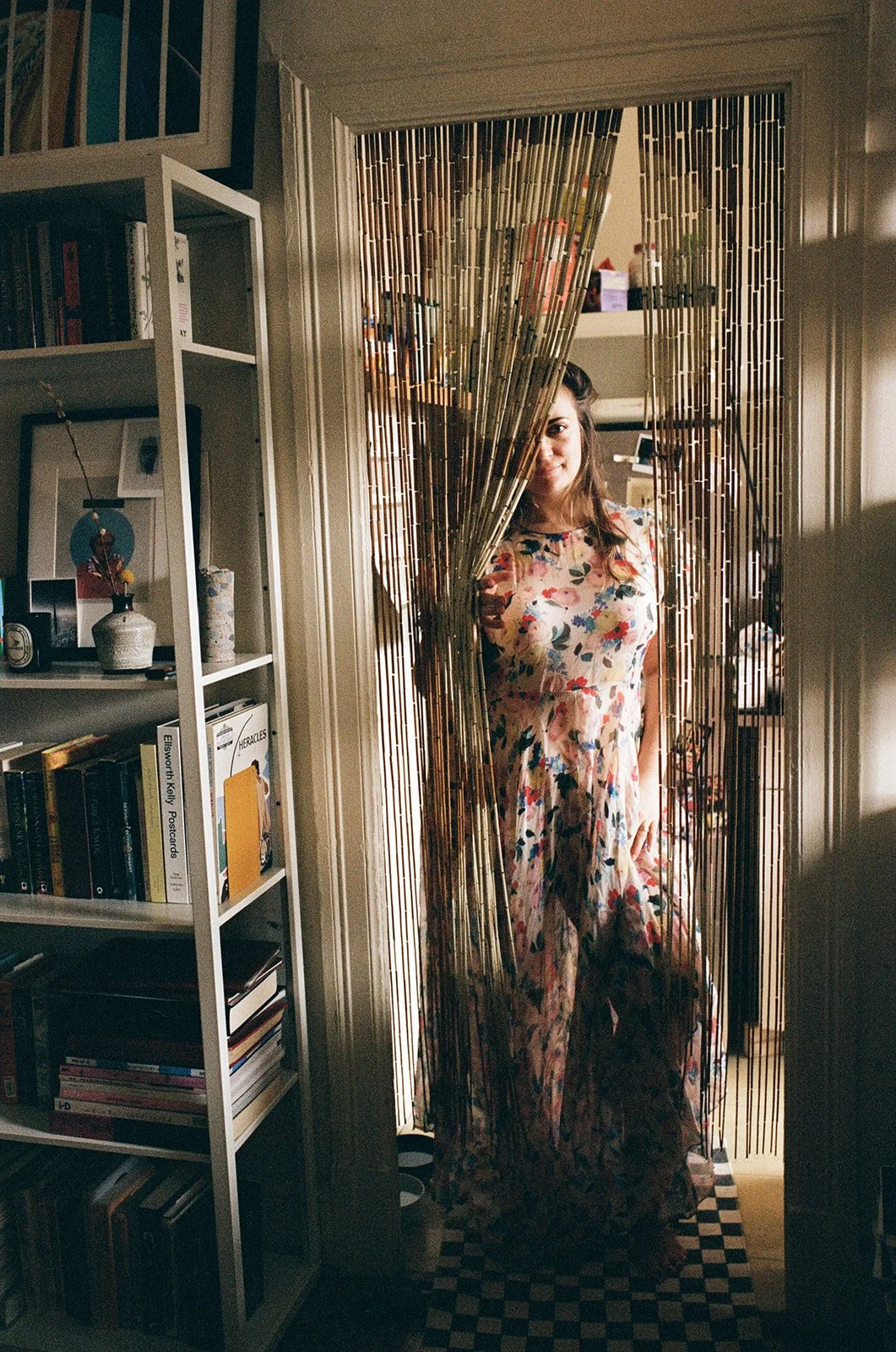 a woman stands in a beaded doorway wearing a dress, illuminated by window light but with shadows beyond her 