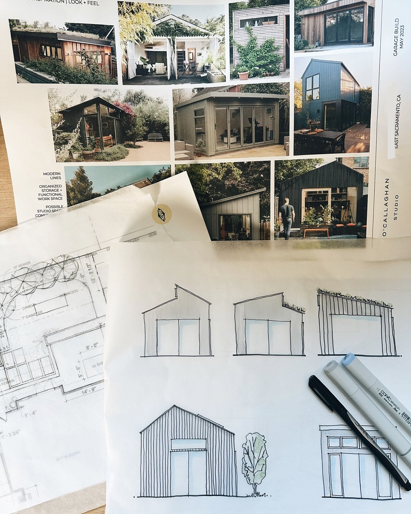 Some preliminary sketches and look + feel studies for a new residential accessory building in East Sacramento, further realized and perfected by the talented team at @studiooxeye. Excited to see this one come to life - and always excited to collabora
