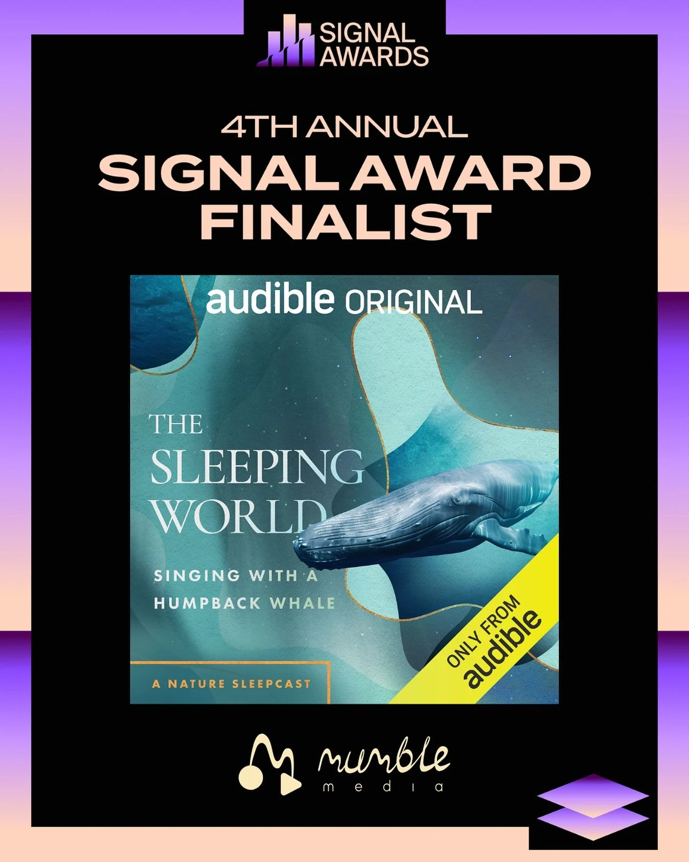 Our original podcast The Sleeping World has been nominated for a Signal Award!

We&rsquo;re so proud of the team that brought this sound-rich, dreamy show to life. From the writing that immersed us in the humpback whale&rsquo;s world to the ocean sou