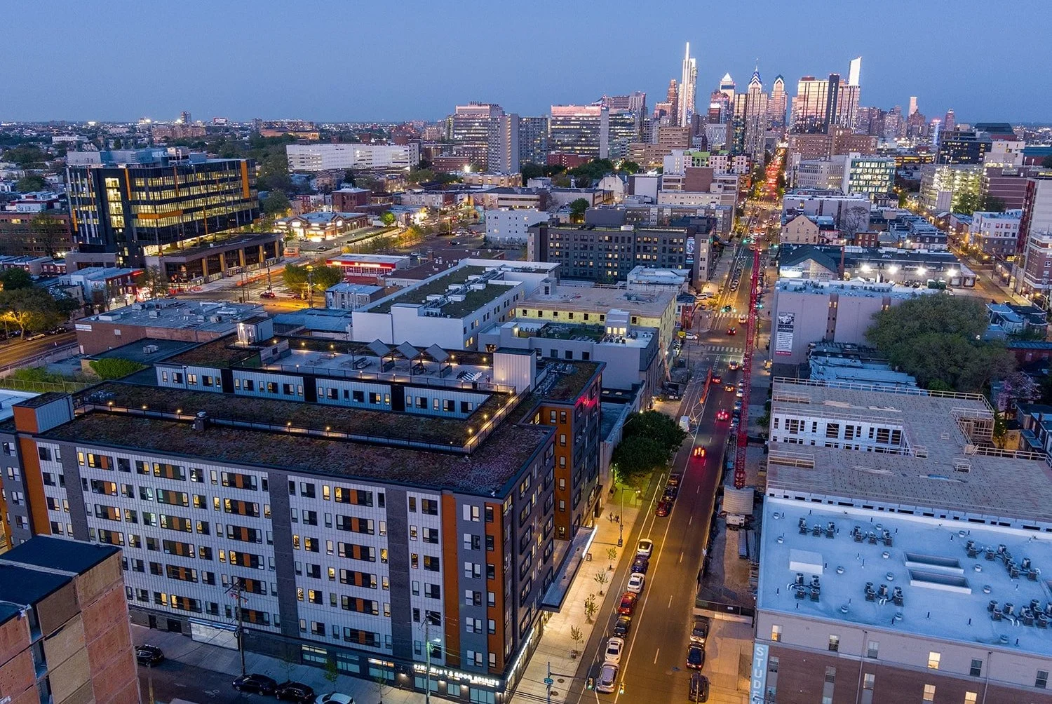 Evening view over University City from SOLO on Chestnut