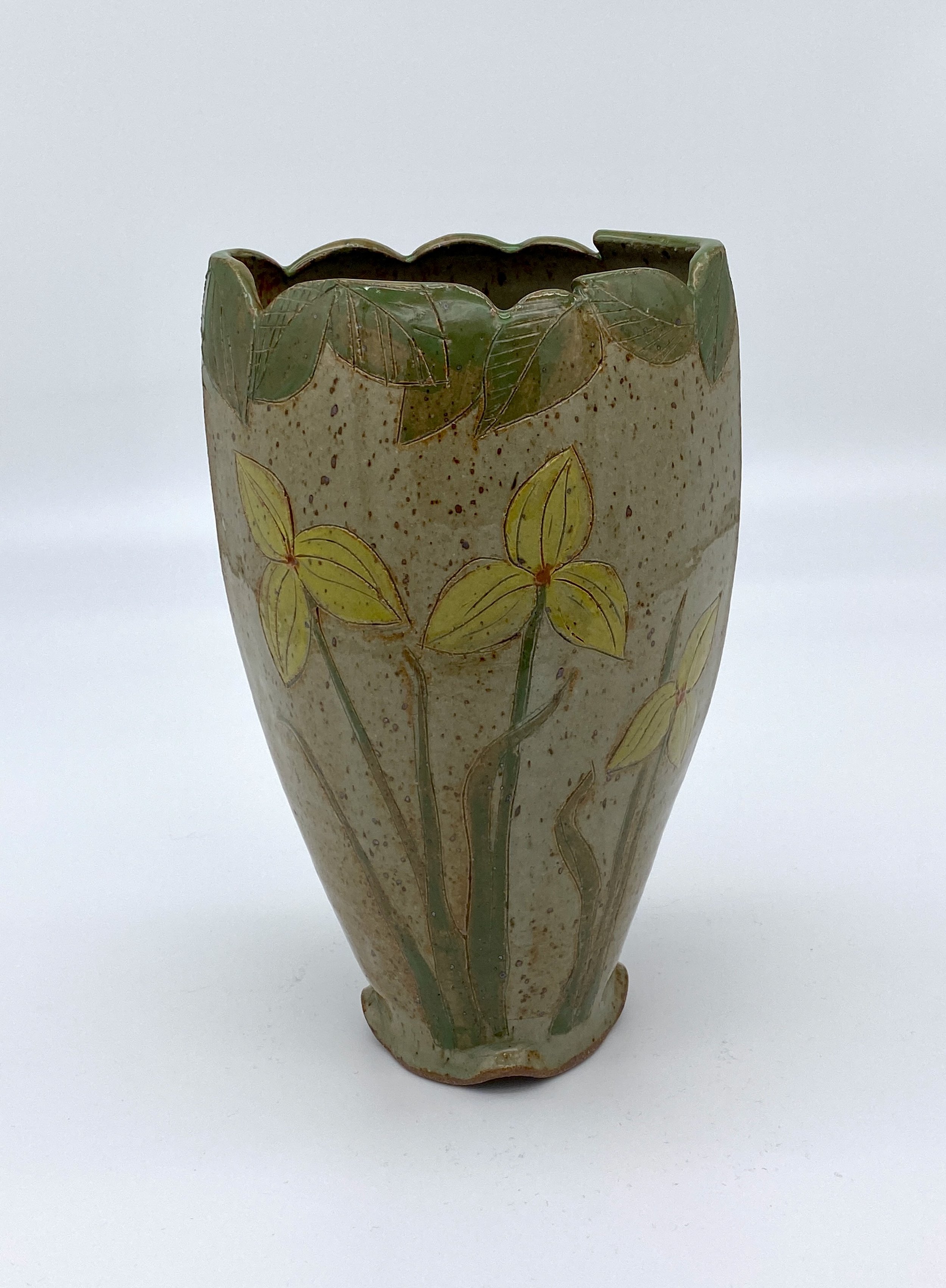 Oval Flowered Vase with Carved Rim