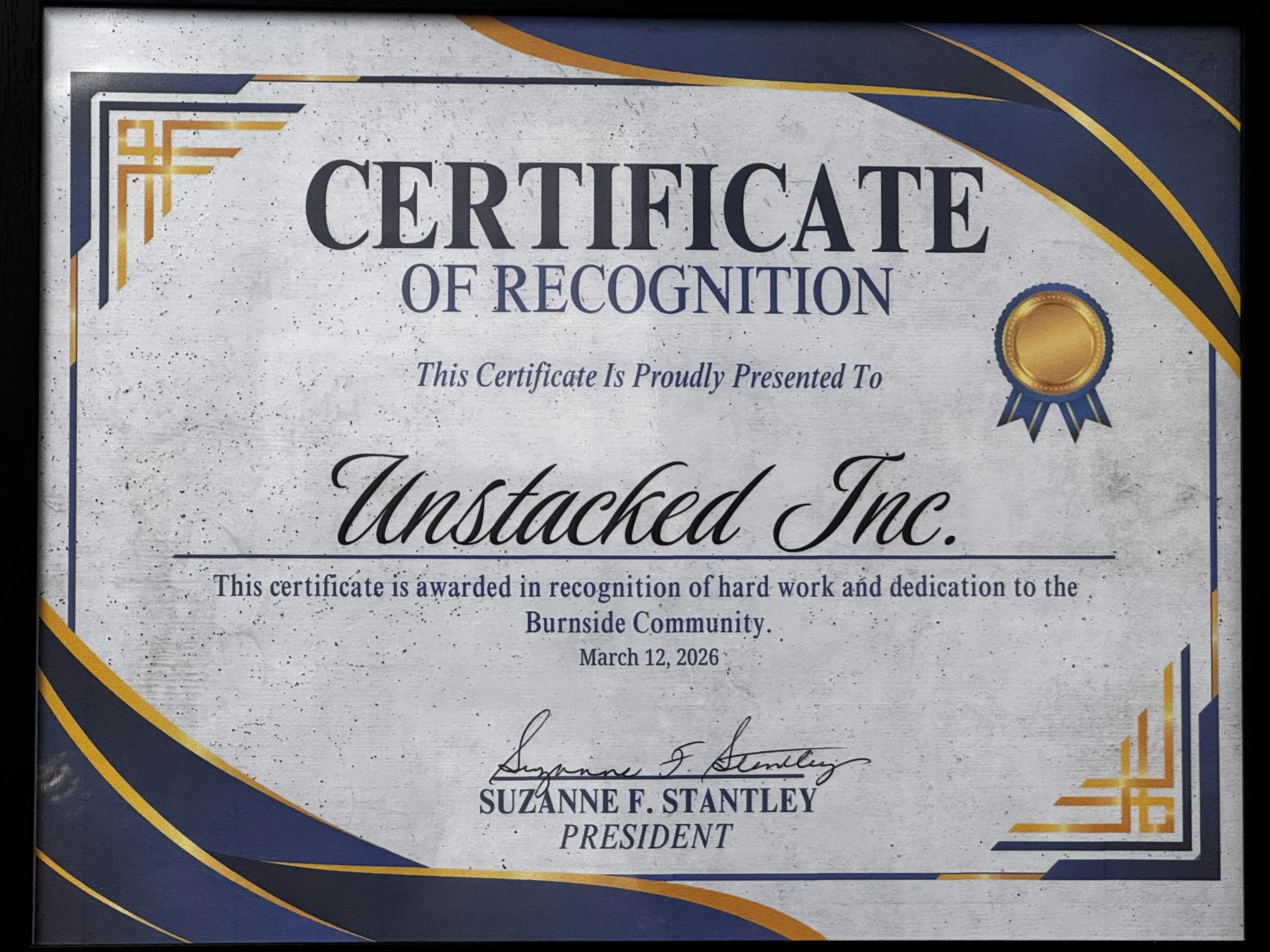 Unstacked Inc. receives the Certificate of Recognition from Building Better Futures for our hard work and dedication to the Burnside Community