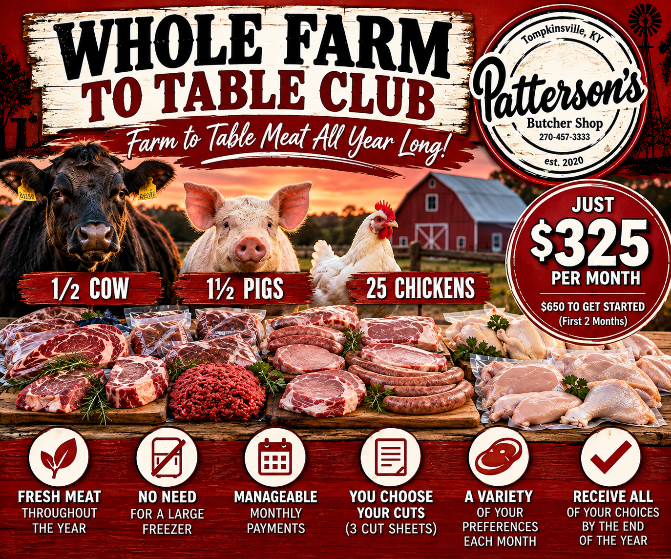 Half cow Kentucky  Bulk pork near me  Custom cut beef and pork  Beef pork chicken bundles  Monthly meat packages  Local butcher shop Kentucky  Freezer meat alternatives