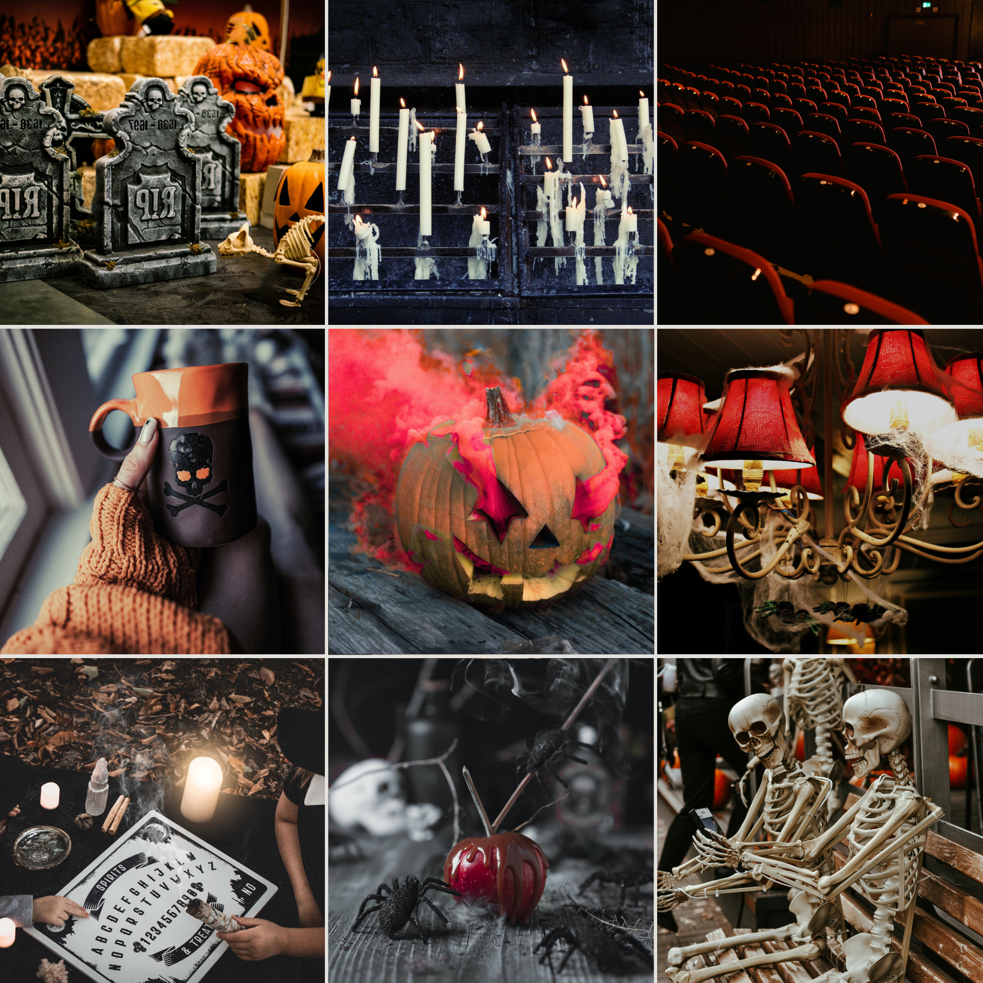 Collage 1) fake headstones, 2) rows of ominous candles, 3) theater seats, 4) fancy dinner plates, 5) jack-o-lantern with red smoke, 6) rows of pumpkins, 7) Ouija board, 8) candle apple with spiders, 9) fake skeletons