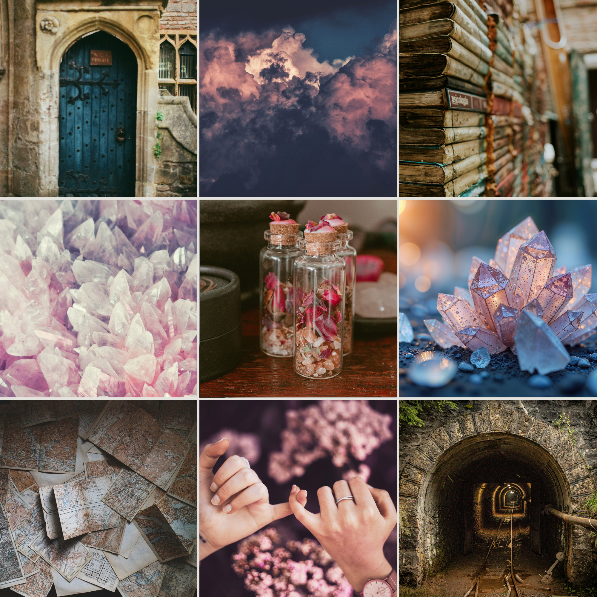 Collage: 1) blue door, 2) dark pink clouds, 3) old books, 4) pink crystals, 5) small vials with rose petals, 6) pink crystal clusters, 7) old maps, 8) two hands holding pinkies, 9) tunnel