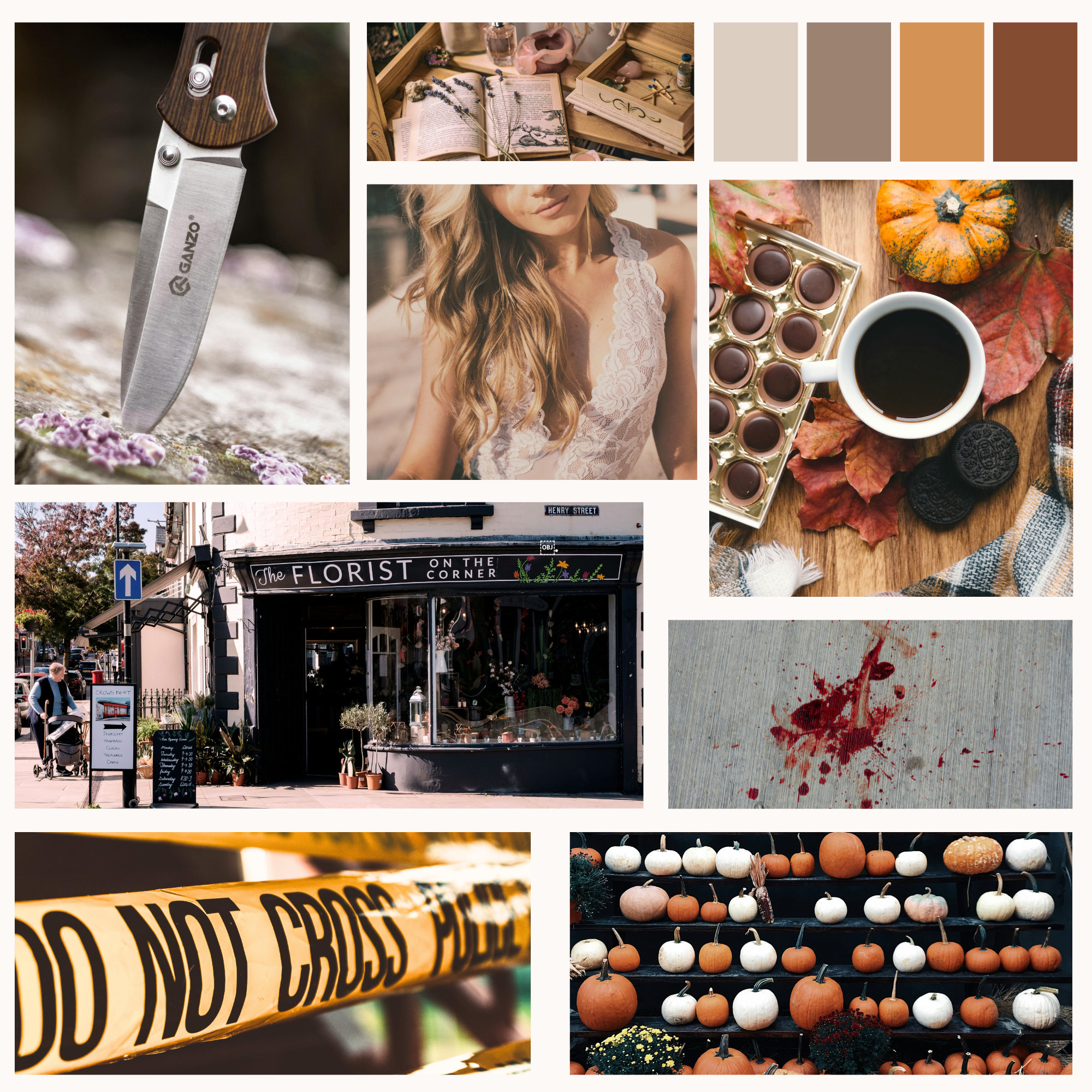 A collage. 1) a knife stuck in a tree, 2) an open book with pressed flowers, 3) fall color swatches, 4) blond girl in a lace top, 5) a coffee mug with fall vibes, 6) quaint florist, 7) blood spatter, 8) caution tape, 9) pumpkins