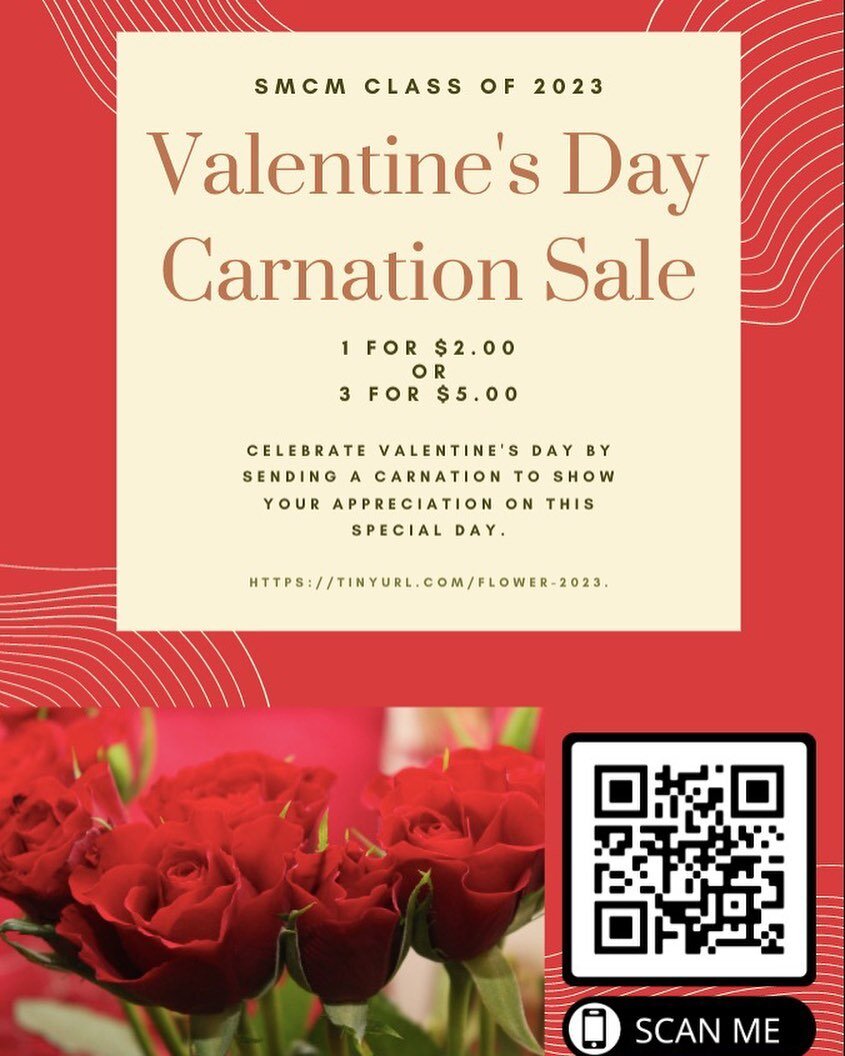 Hello everybody!! 💕The Class of 2023 is selling carnations for Valentine's Day! 💕 You can pre-order these lovely flowers to get delivered on the morning of Valentine's with your own special message! 🌸🌸

🌸It&rsquo;s 1 flower for $2 and 3 flowers 