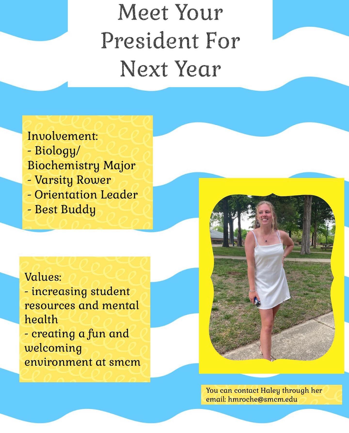 Meet your president for next year! When Haley&rsquo;s not off rowing or studying biology, she loves watching the sunset in her hammock in the many beautiful locations about campus!! She is very excited to put in a lot of hard work for the class of 20