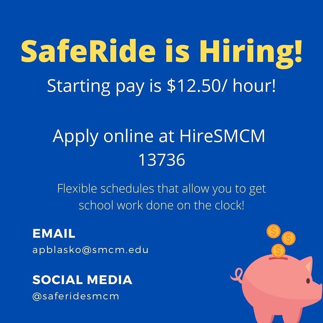 Looking for a job this semester? SafeRide is hiring! Check out their instagram or email for more information 🚗