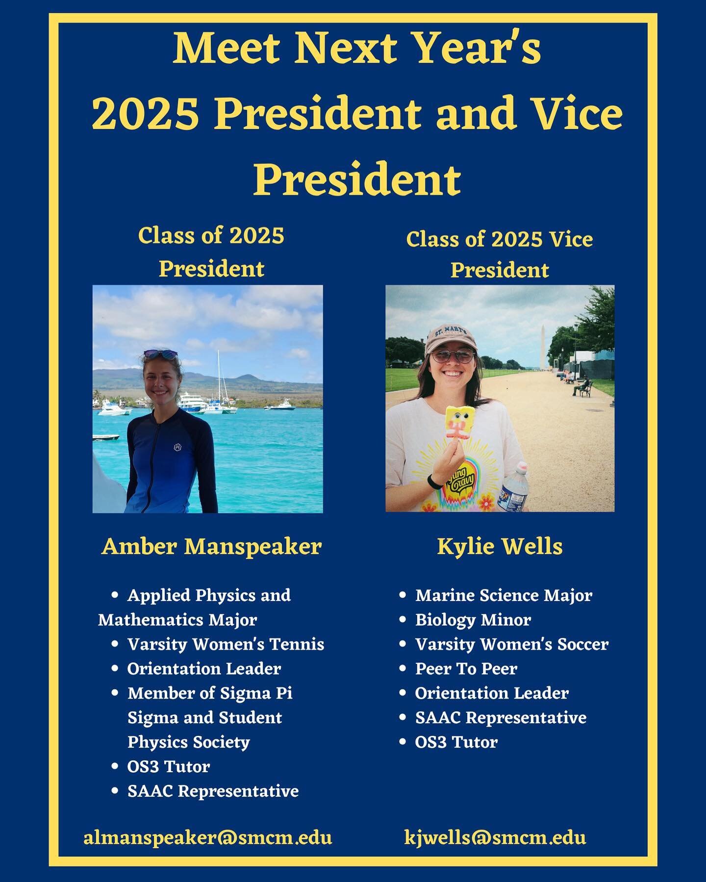 Meet your Class of 2025 President and Vice President for next year! Amber Manspeaker and Kylie Wells are both eager to serve the class of 2025. Some main focuses of the pair involve accessibility, transparency, and inclusion. 

When Amber is not on t