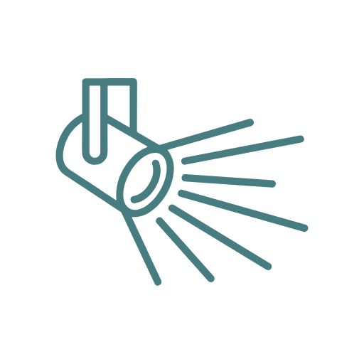 Teal line icon of a flashlight projecting beams of light