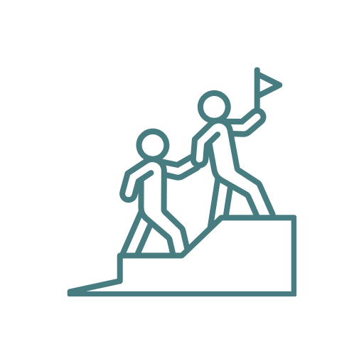Leader holding flag and climbing stairs with employee